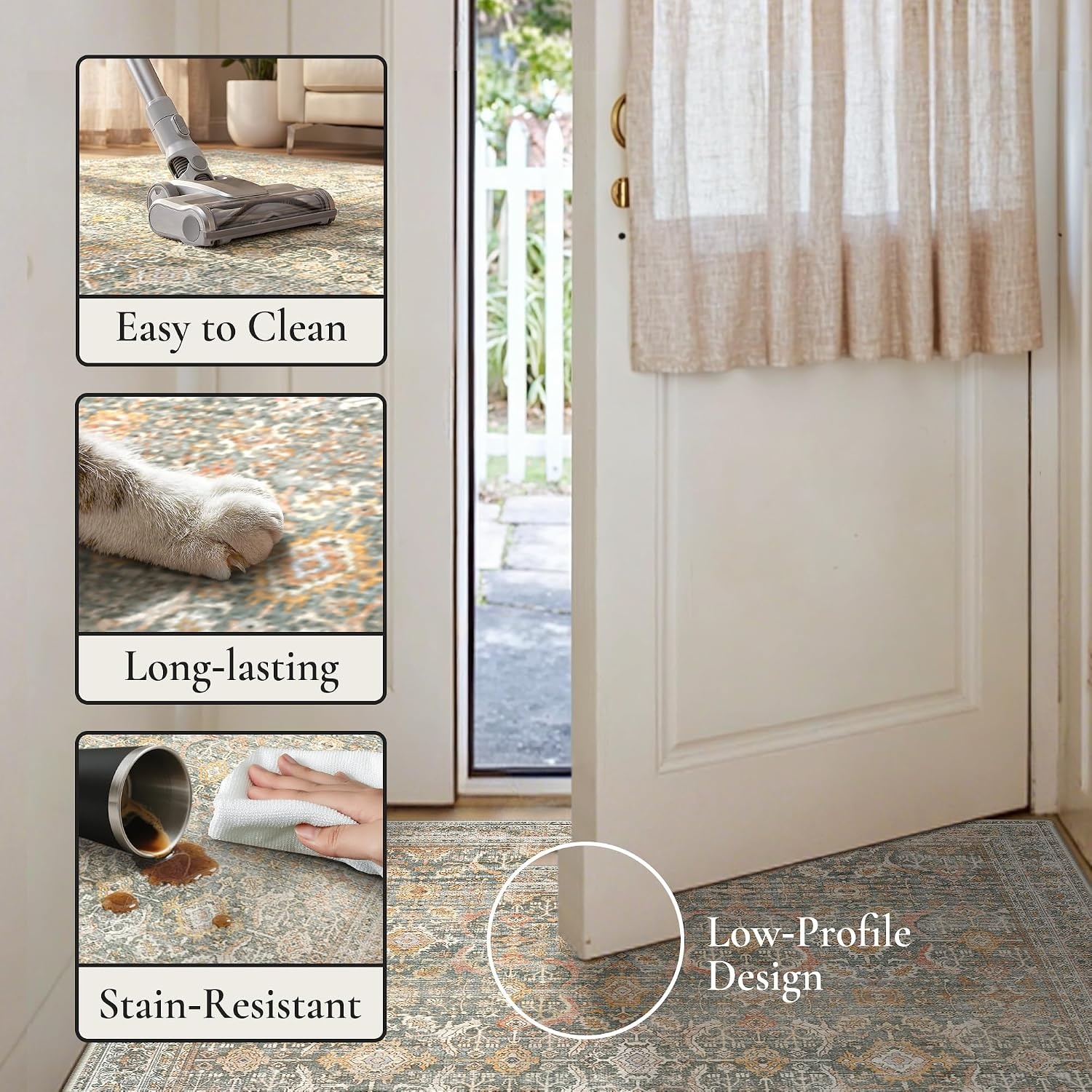 image:imageGENIMO 8x10 Washable Area Rugs for Living Room Non Slip Beige Sage Green Large Vintage Floral Rug Stain Resistant Low Pile and Lightweight for Bedroom Dining Room and Home Office