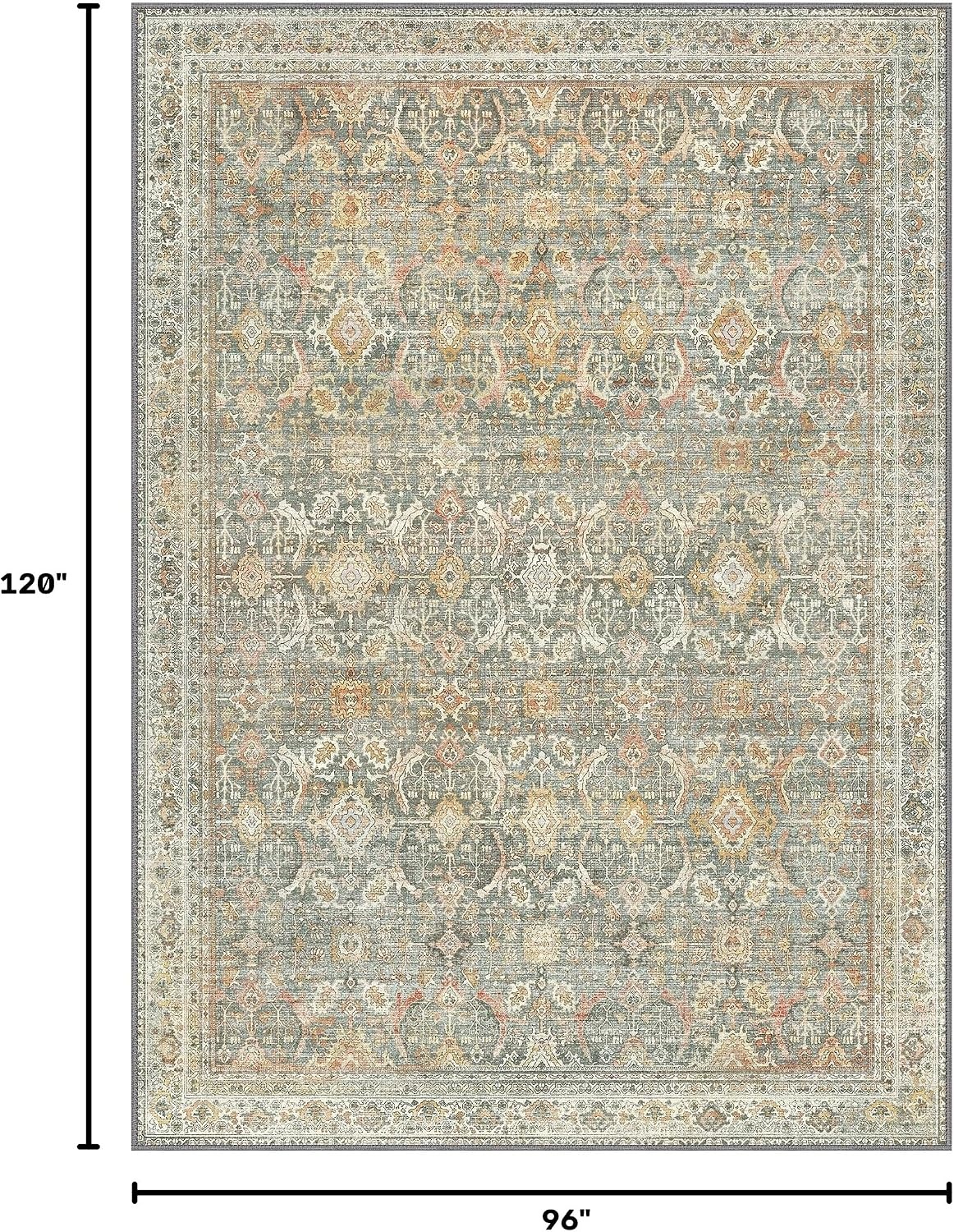image:imageGENIMO 8x10 Washable Area Rugs for Living Room Non Slip Beige Sage Green Large Vintage Floral Rug Stain Resistant Low Pile and Lightweight for Bedroom Dining Room and Home Office
