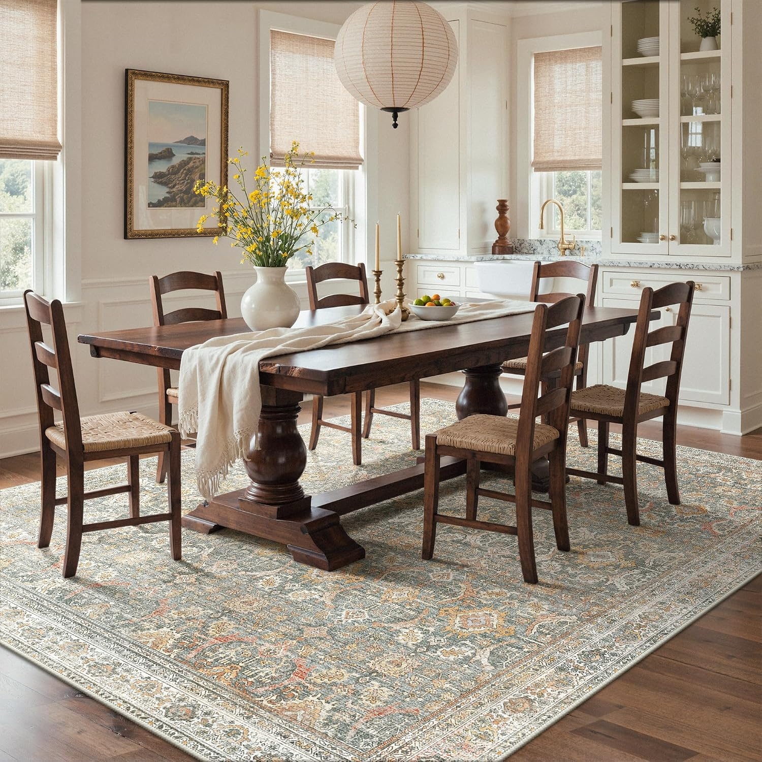 image:imageGENIMO 8x10 Washable Area Rugs for Living Room Non Slip Beige Sage Green Large Vintage Floral Rug Stain Resistant Low Pile and Lightweight for Bedroom Dining Room and Home Office