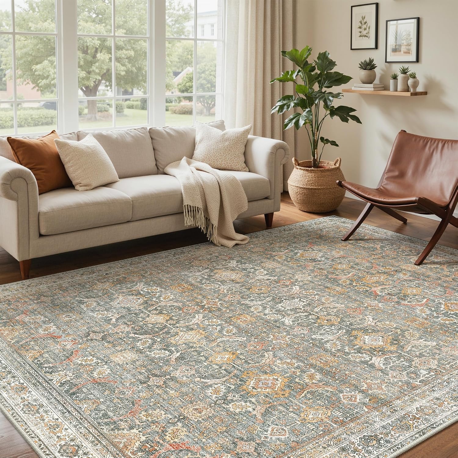 image:imageGENIMO 8x10 Washable Area Rugs for Living Room Non Slip Beige Sage Green Large Vintage Floral Rug Stain Resistant Low Pile and Lightweight for Bedroom Dining Room and Home Office
