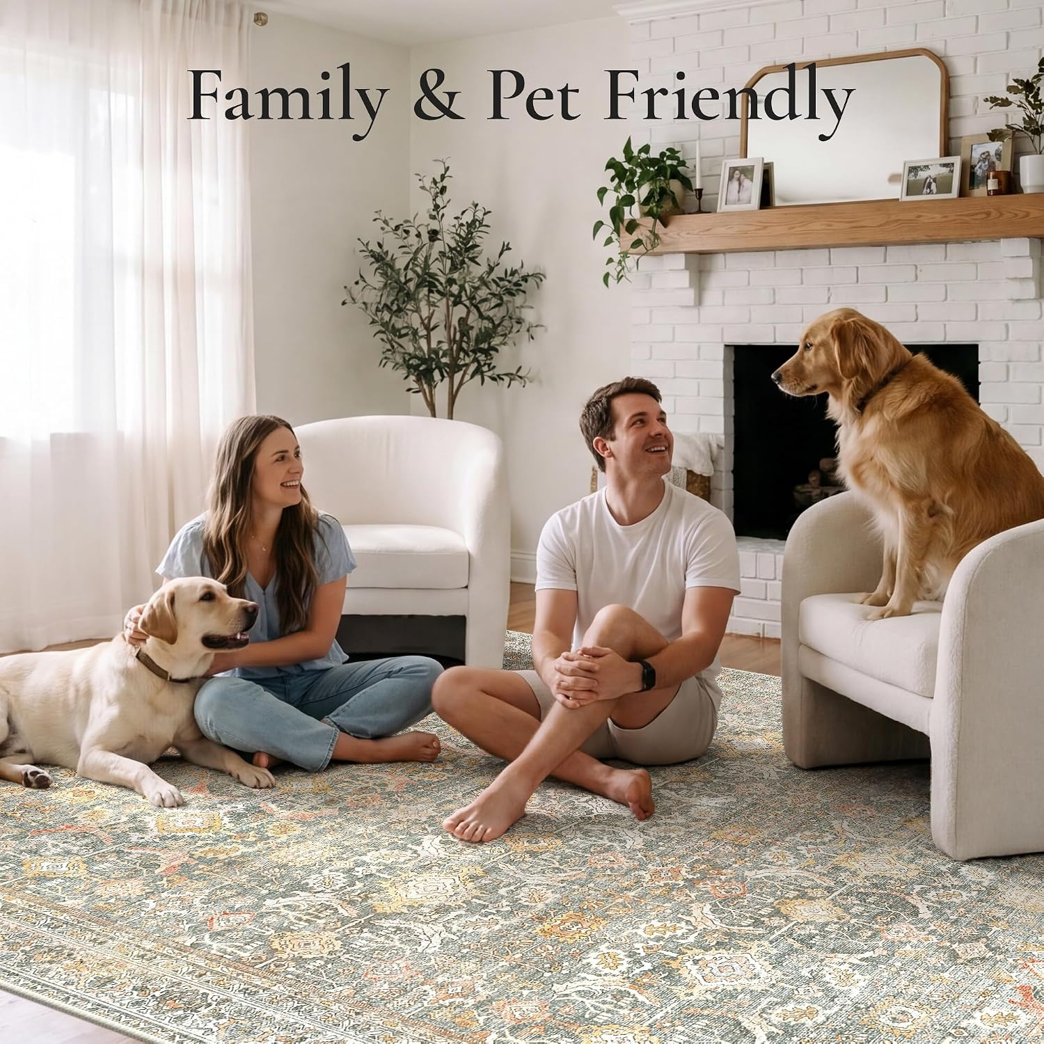 image:imageGENIMO 8x10 Washable Area Rugs for Living Room Non Slip Beige Sage Green Large Vintage Floral Rug Stain Resistant Low Pile and Lightweight for Bedroom Dining Room and Home Office