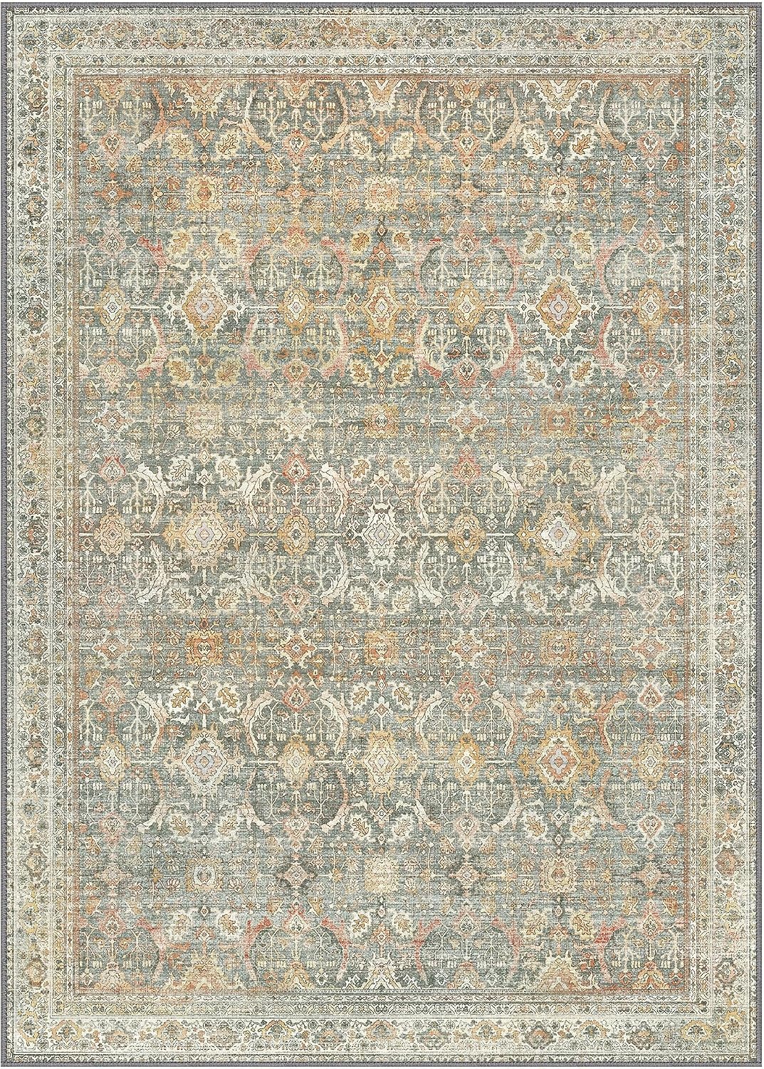image:imageGENIMO 8x10 Washable Area Rugs for Living Room Non Slip Beige Sage Green Large Vintage Floral Rug Stain Resistant Low Pile and Lightweight for Bedroom Dining Room and Home Office
