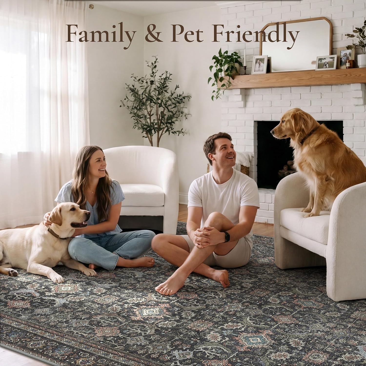 image:imageGENIMO 8x10 Washable Area Rugs for Living Room Non Slip Black Large Vintage Floral Rug Stain Resistant Low Pile and Lightweight for Bedroom Dining Room and Home Office