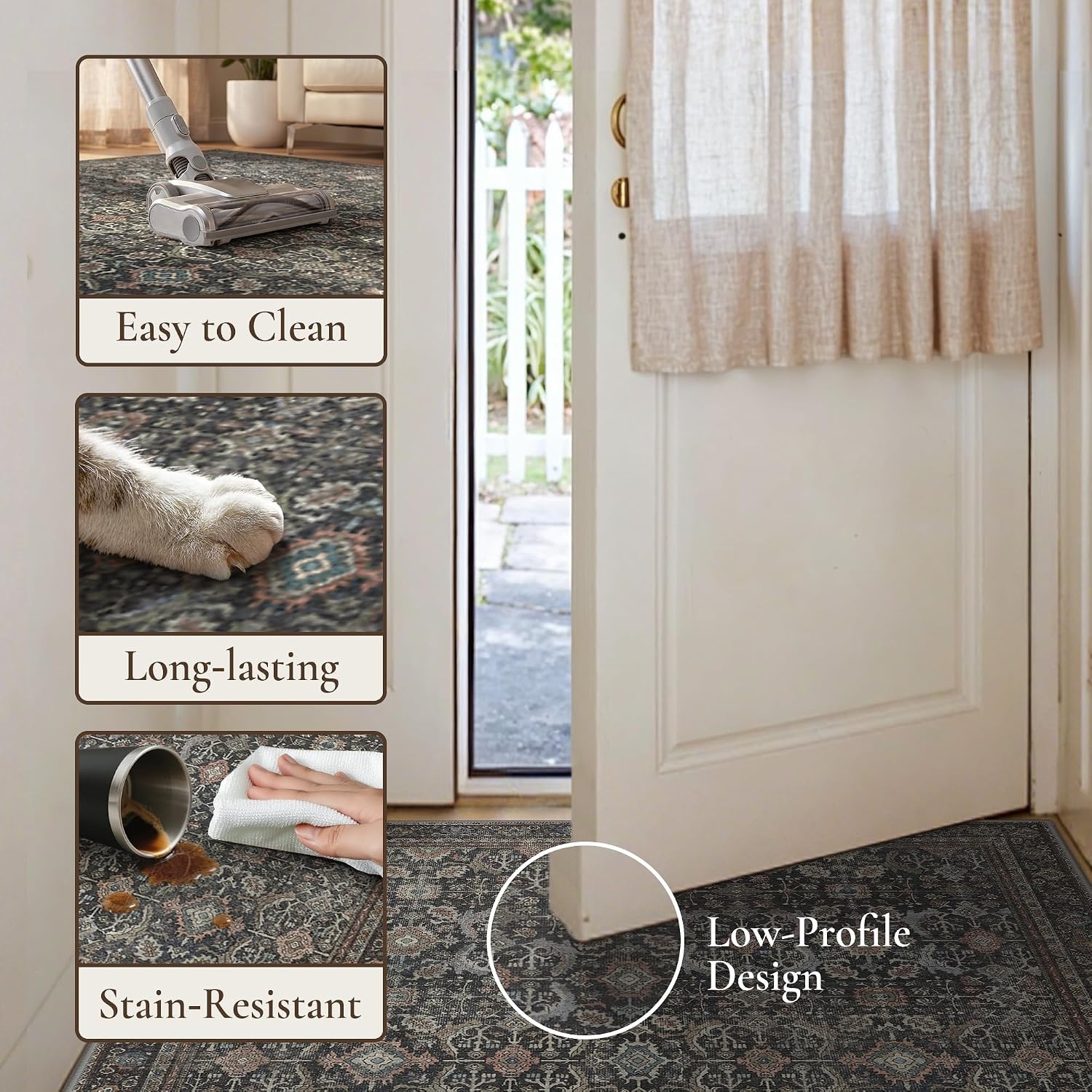 image:imageGENIMO 8x10 Washable Area Rugs for Living Room Non Slip Black Large Vintage Floral Rug Stain Resistant Low Pile and Lightweight for Bedroom Dining Room and Home Office