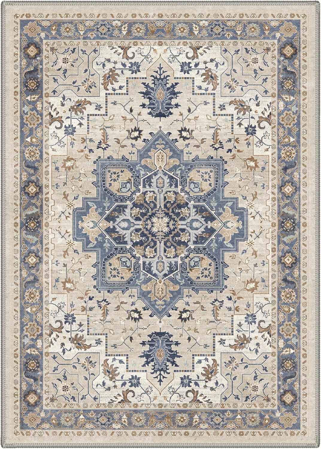 image:imageGENIMO 8x10 Washable Area Rugs for Living Room Non Slip Blue Cream  Large Vintage Floral Rug Stain Resistant Low Pile and Lightweight for Bedroom Dining Room and Home Office