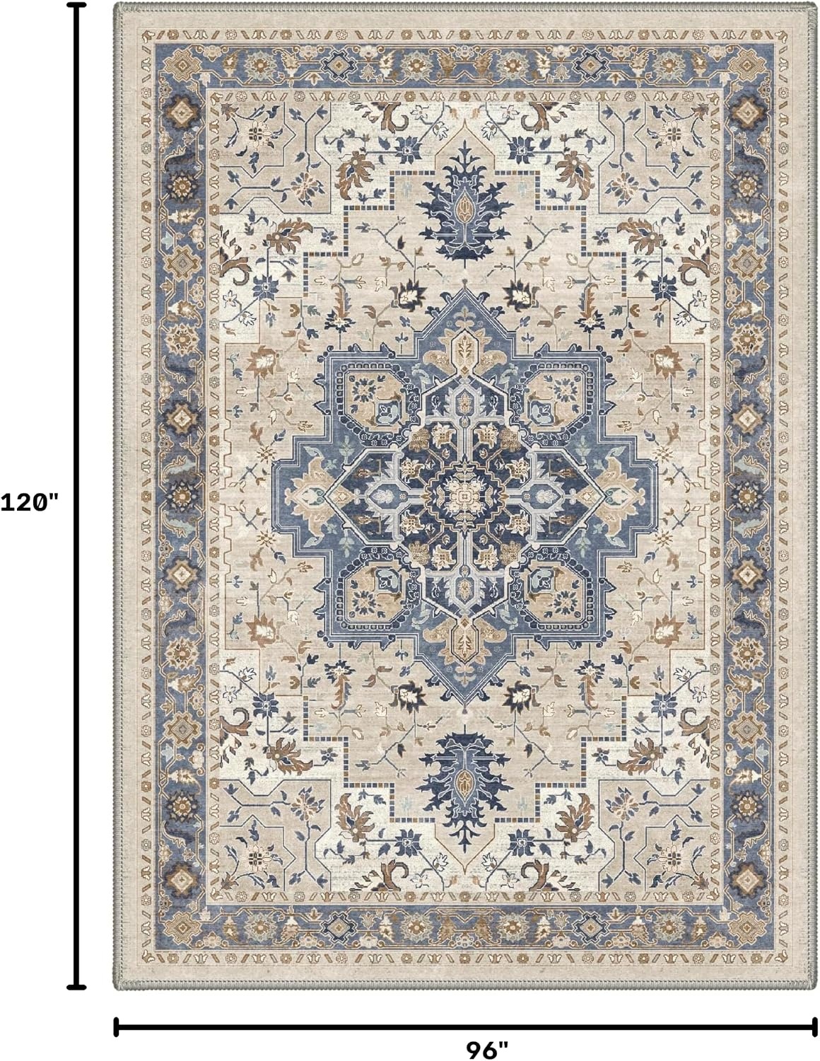 image:imageGENIMO 8x10 Washable Area Rugs for Living Room Non Slip Blue Cream  Large Vintage Floral Rug Stain Resistant Low Pile and Lightweight for Bedroom Dining Room and Home Office