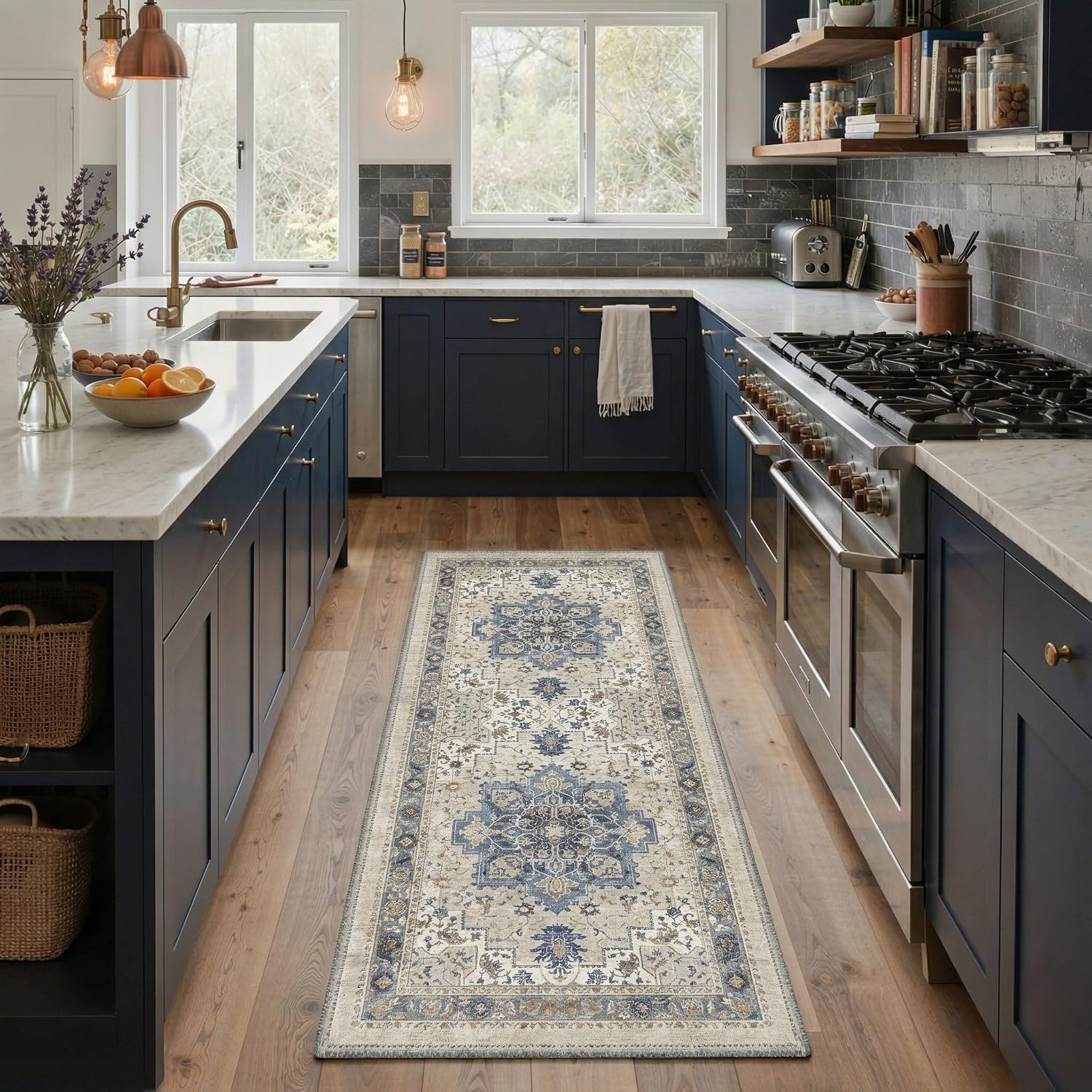 image:imageGENIMO 8x10 Washable Area Rugs for Living Room Non Slip Blue Cream  Large Vintage Floral Rug Stain Resistant Low Pile and Lightweight for Bedroom Dining Room and Home Office