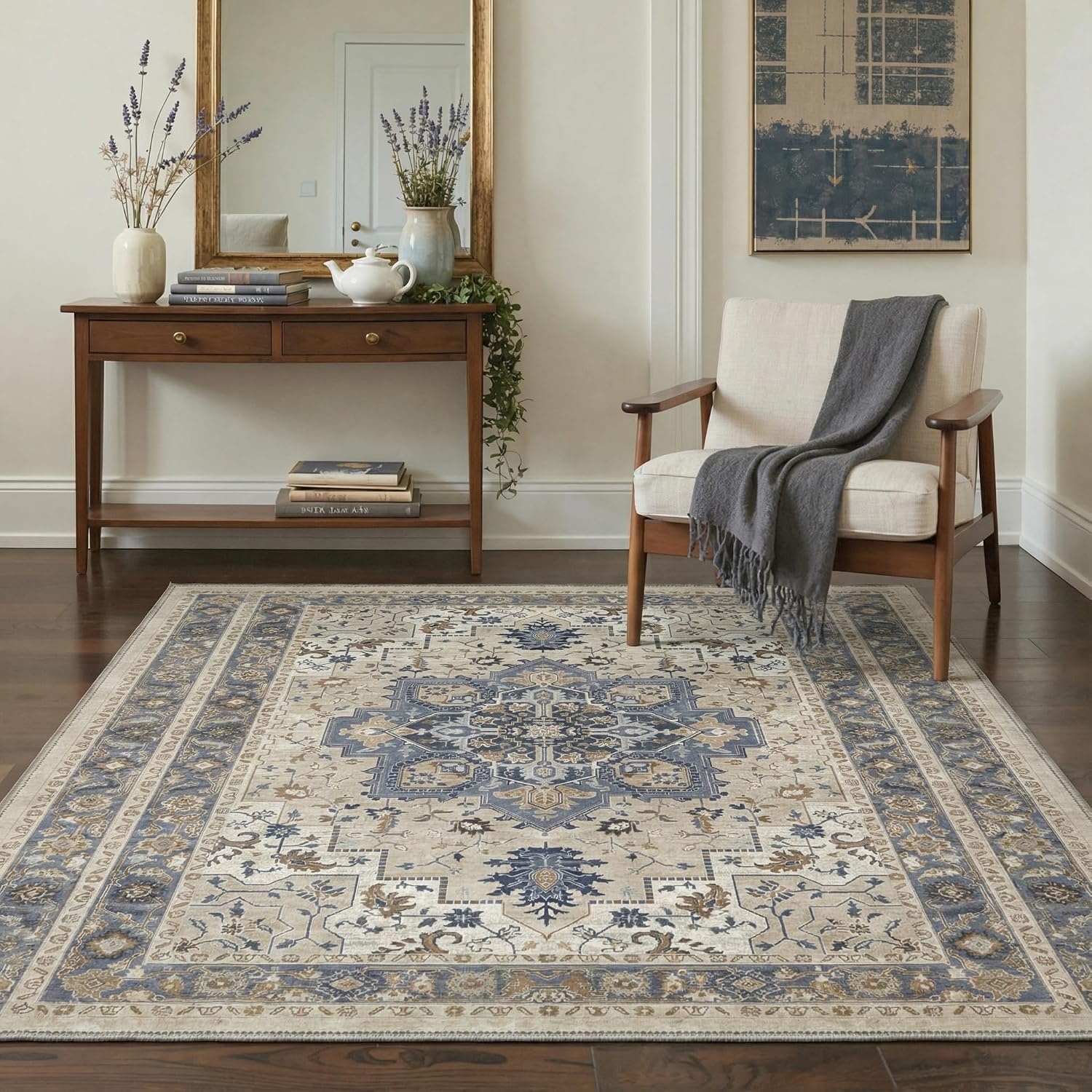 image:imageGENIMO 8x10 Washable Area Rugs for Living Room Non Slip Blue Cream  Large Vintage Floral Rug Stain Resistant Low Pile and Lightweight for Bedroom Dining Room and Home Office