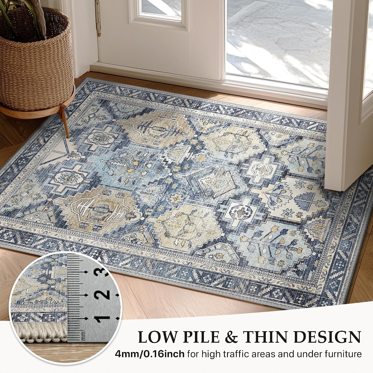 image:imageGENIMO 8x10 Washable Area Rugs for Living Room Non Slip Blue Gray Ivory  Large Vintage Floral Rug Stain Resistant Low Pile and Lightweight for Bedroom Dining Room and Home Office