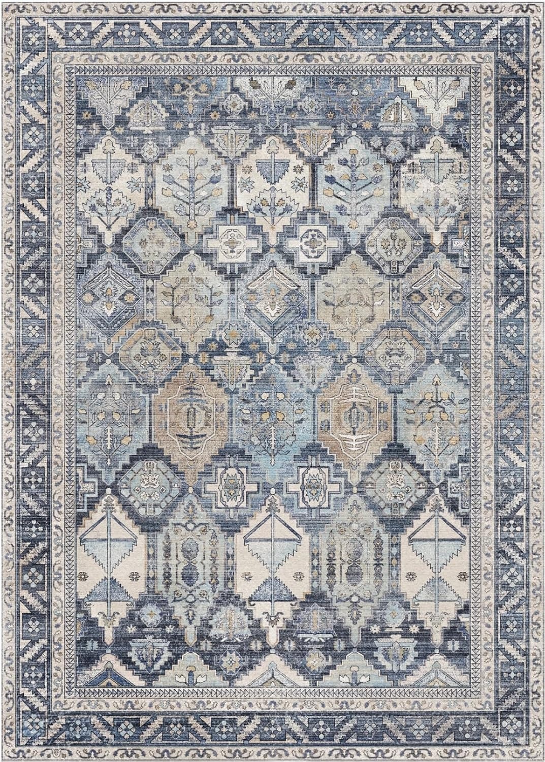 image:imageGENIMO 8x10 Washable Area Rugs for Living Room Non Slip Blue Gray Ivory  Large Vintage Floral Rug Stain Resistant Low Pile and Lightweight for Bedroom Dining Room and Home Office