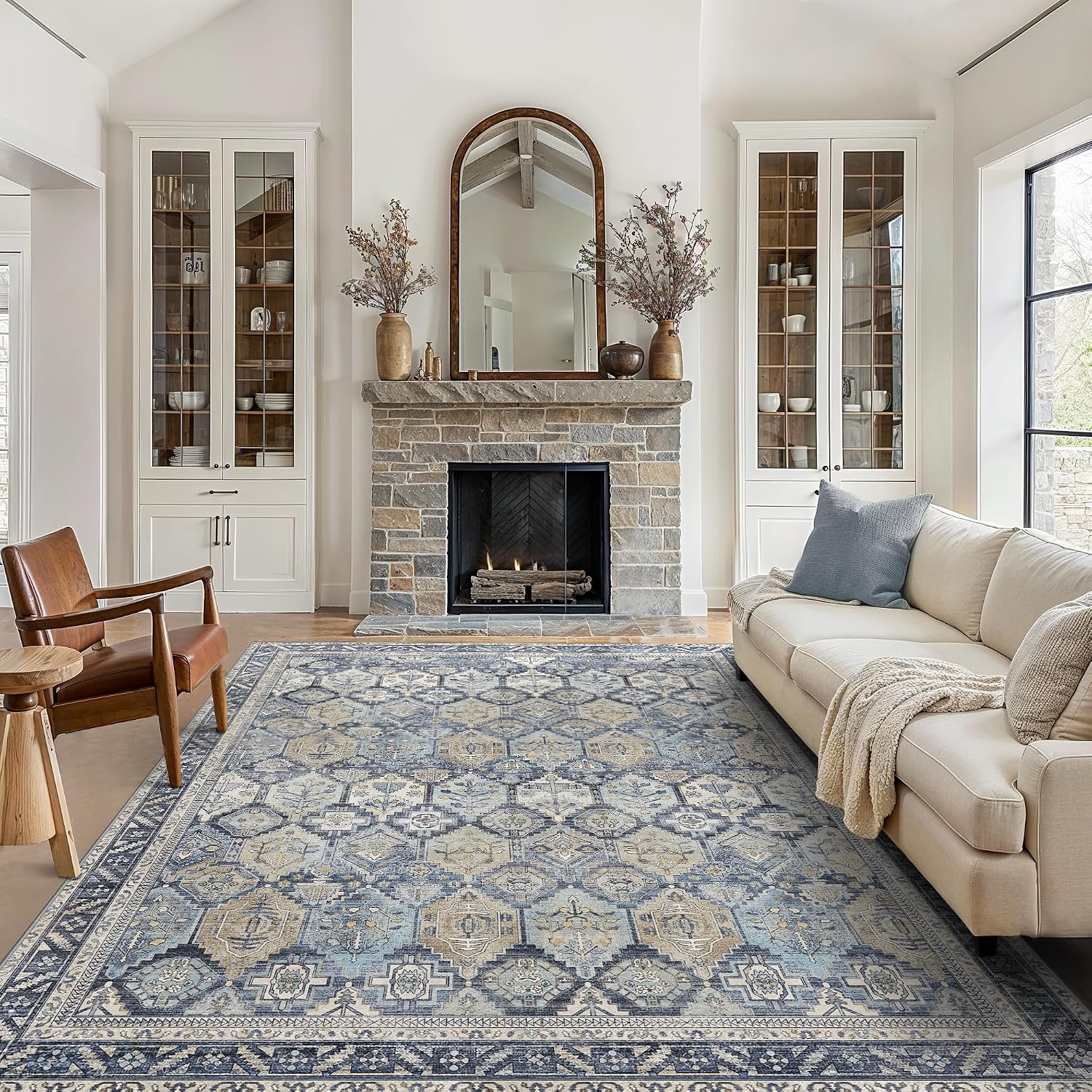 image:imageGENIMO 8x10 Washable Area Rugs for Living Room Non Slip Blue Gray Ivory  Large Vintage Floral Rug Stain Resistant Low Pile and Lightweight for Bedroom Dining Room and Home Office