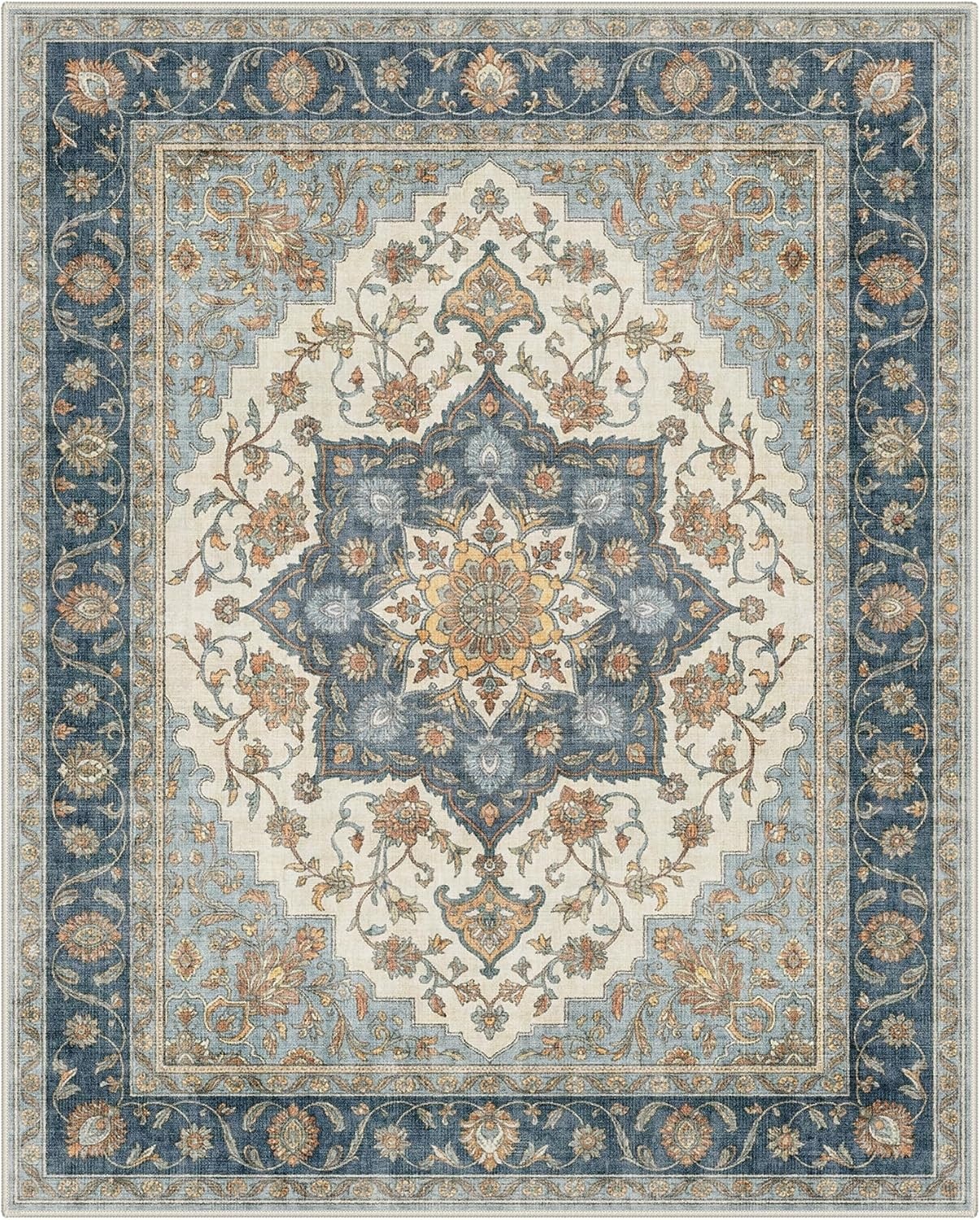 image:imageGENIMO 8x10 Washable Area Rugs for Living Room Non Slip Blue Ivory Brown Large Vintage Floral Rug Stain Resistant Low Pile and Lightweight for Bedroom Dining Room and Home Office
