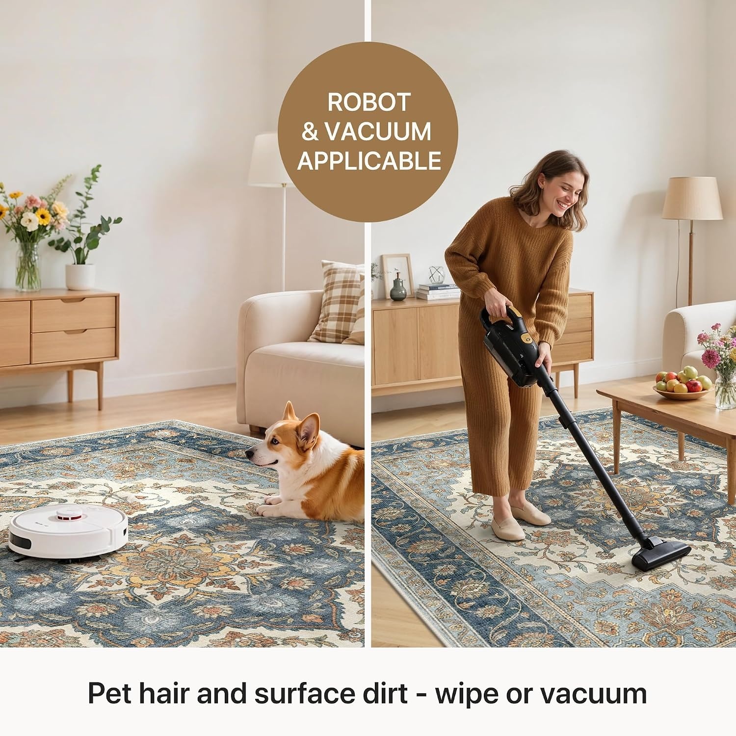 image:imageGENIMO 8x10 Washable Area Rugs for Living Room Non Slip Blue Ivory Brown Large Vintage Floral Rug Stain Resistant Low Pile and Lightweight for Bedroom Dining Room and Home Office