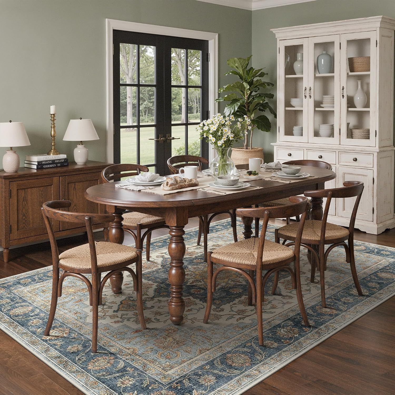 image:imageGENIMO 8x10 Washable Area Rugs for Living Room Non Slip Blue Ivory Brown Large Vintage Floral Rug Stain Resistant Low Pile and Lightweight for Bedroom Dining Room and Home Office