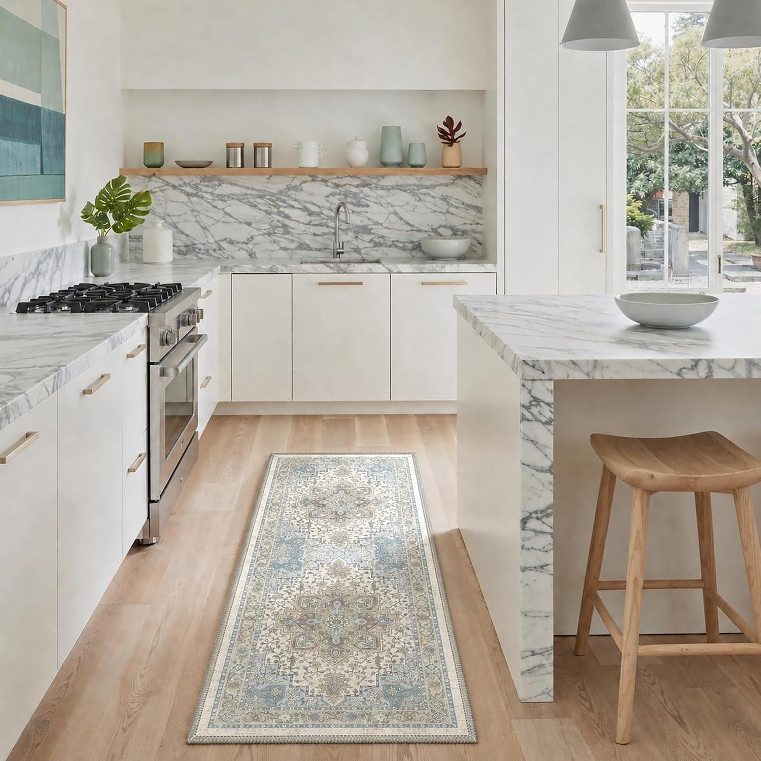 image:imageGENIMO 8x10 Washable Area Rugs for Living Room Non Slip Light Blue Ivory  Large Vintage Floral Rug Stain Resistant Low Pile and Lightweight for Bedroom Dining Room and Home Office