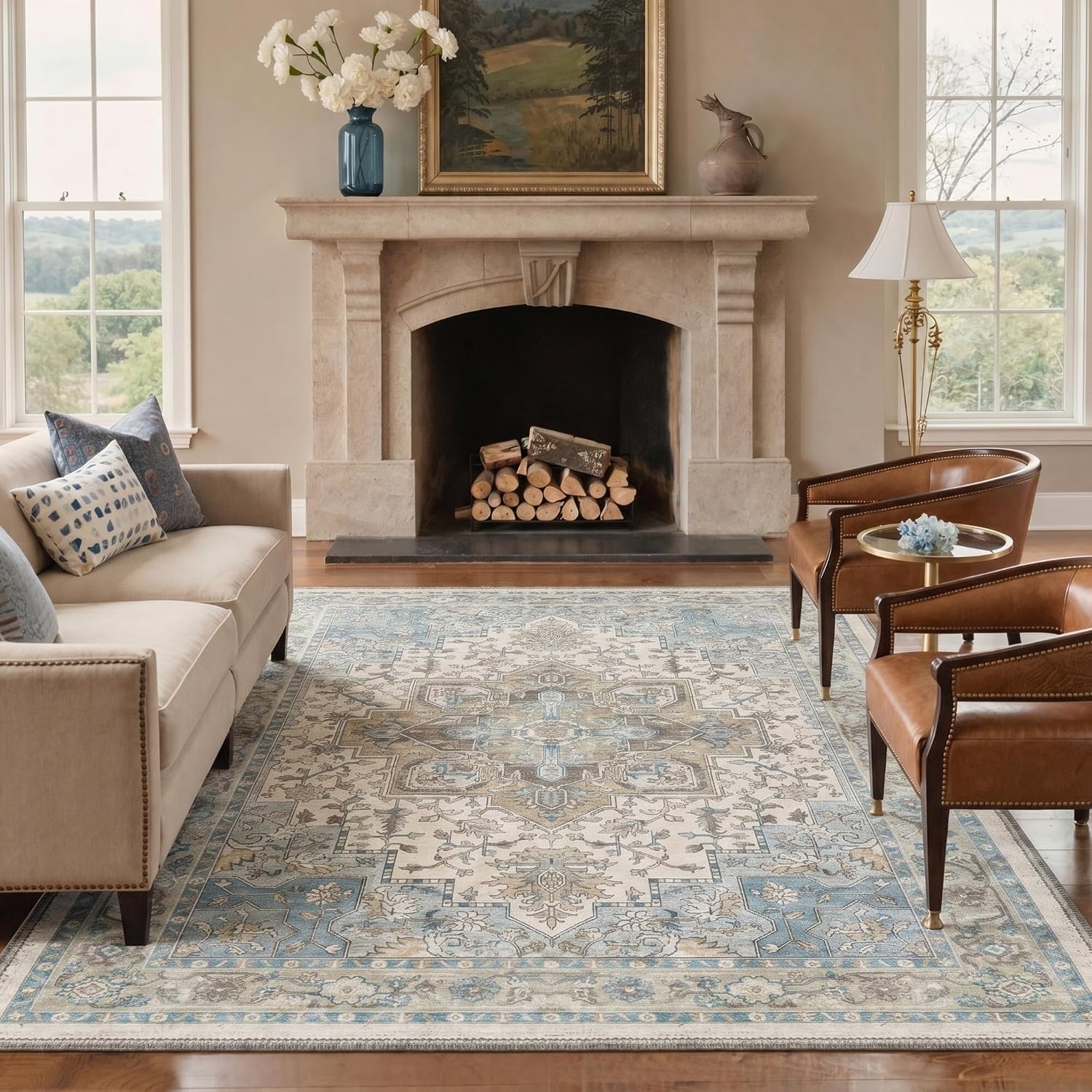 image:imageGENIMO 8x10 Washable Area Rugs for Living Room Non Slip Light Blue Ivory  Large Vintage Floral Rug Stain Resistant Low Pile and Lightweight for Bedroom Dining Room and Home Office
