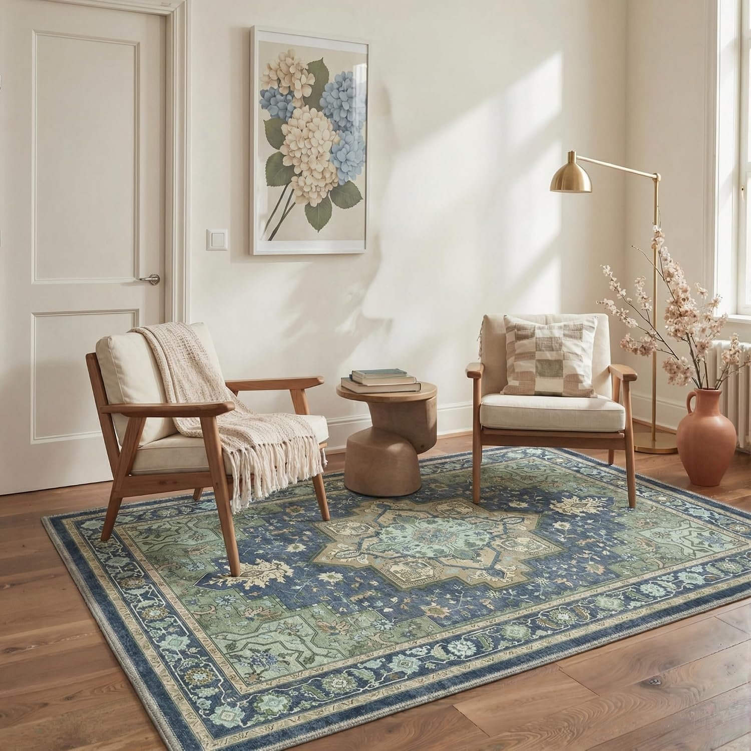image:imageGENIMO 8x10 Washable Area Rugs for Living Room Non Slip Navy Blue Green Large Vintage Floral Rug Stain Resistant Low Pile and Lightweight for Bedroom Dining Room and Home Office