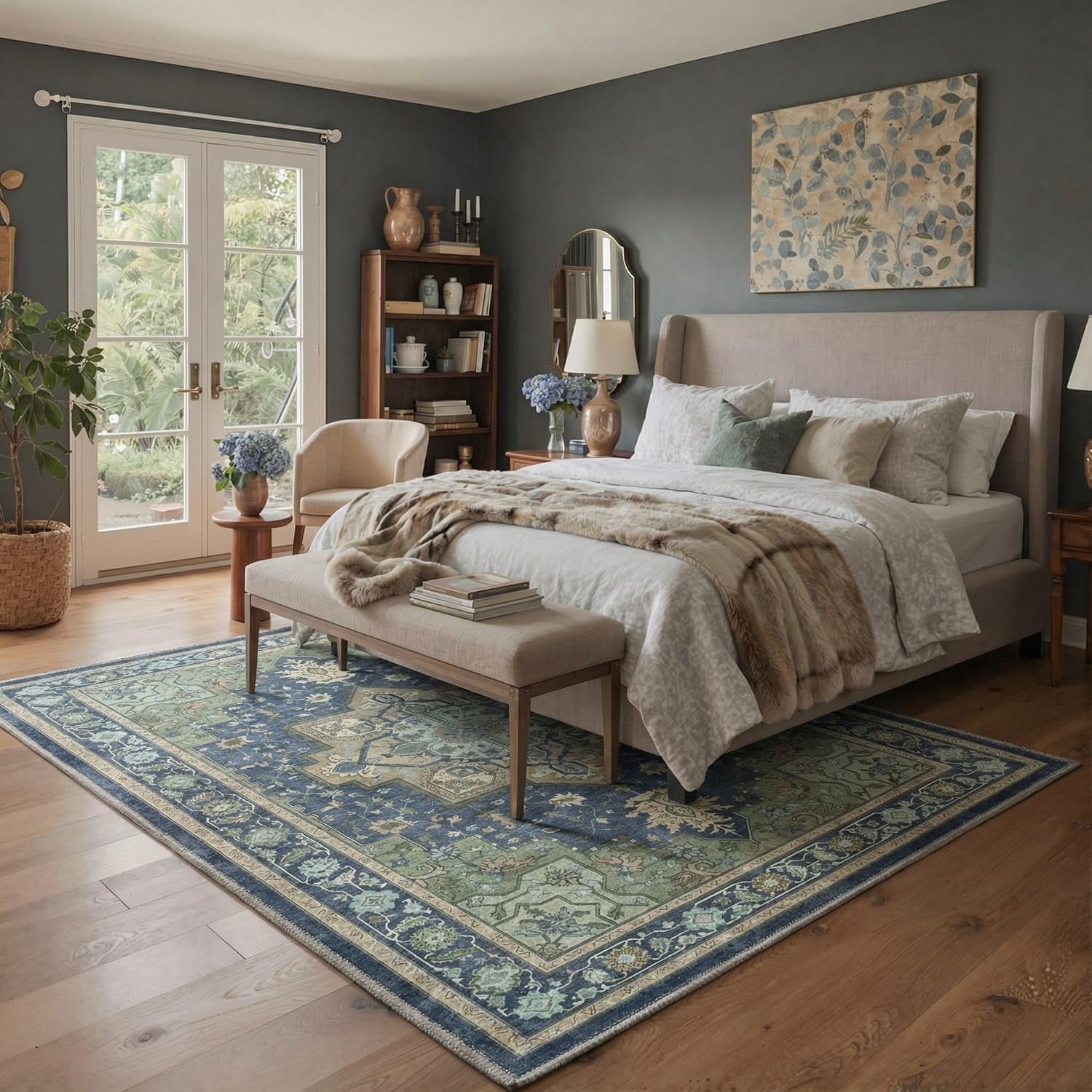 image:imageGENIMO 8x10 Washable Area Rugs for Living Room Non Slip Navy Blue Green Large Vintage Floral Rug Stain Resistant Low Pile and Lightweight for Bedroom Dining Room and Home Office