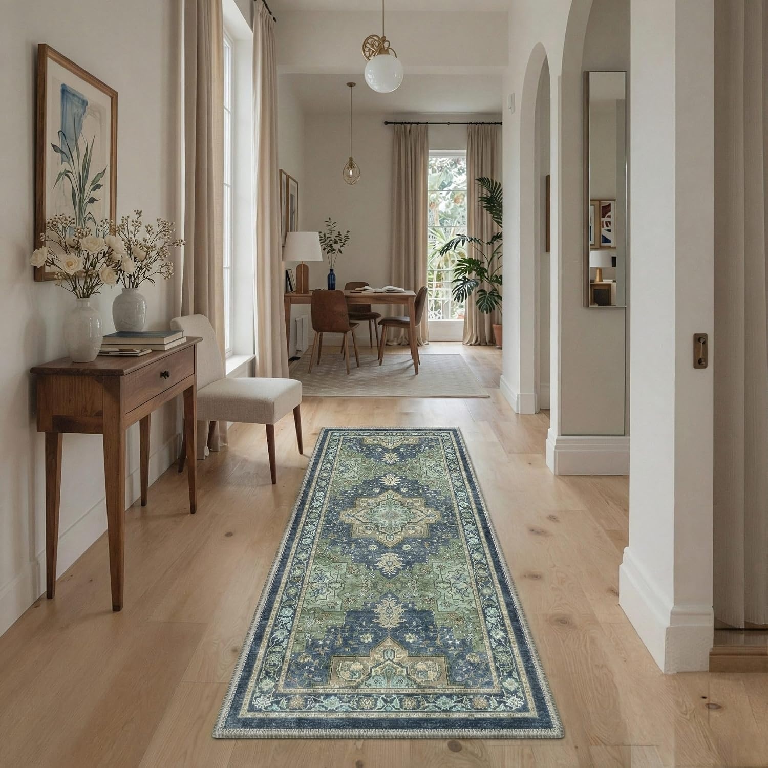 image:imageGENIMO 8x10 Washable Area Rugs for Living Room Non Slip Navy Blue Green Large Vintage Floral Rug Stain Resistant Low Pile and Lightweight for Bedroom Dining Room and Home Office