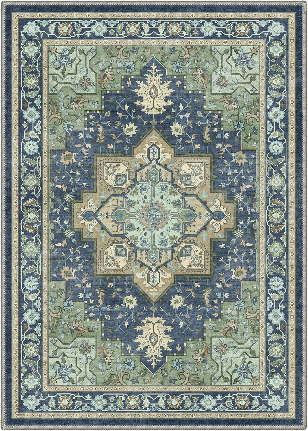 image:imageGENIMO 8x10 Washable Area Rugs for Living Room Non Slip Navy Blue Green Large Vintage Floral Rug Stain Resistant Low Pile and Lightweight for Bedroom Dining Room and Home Office