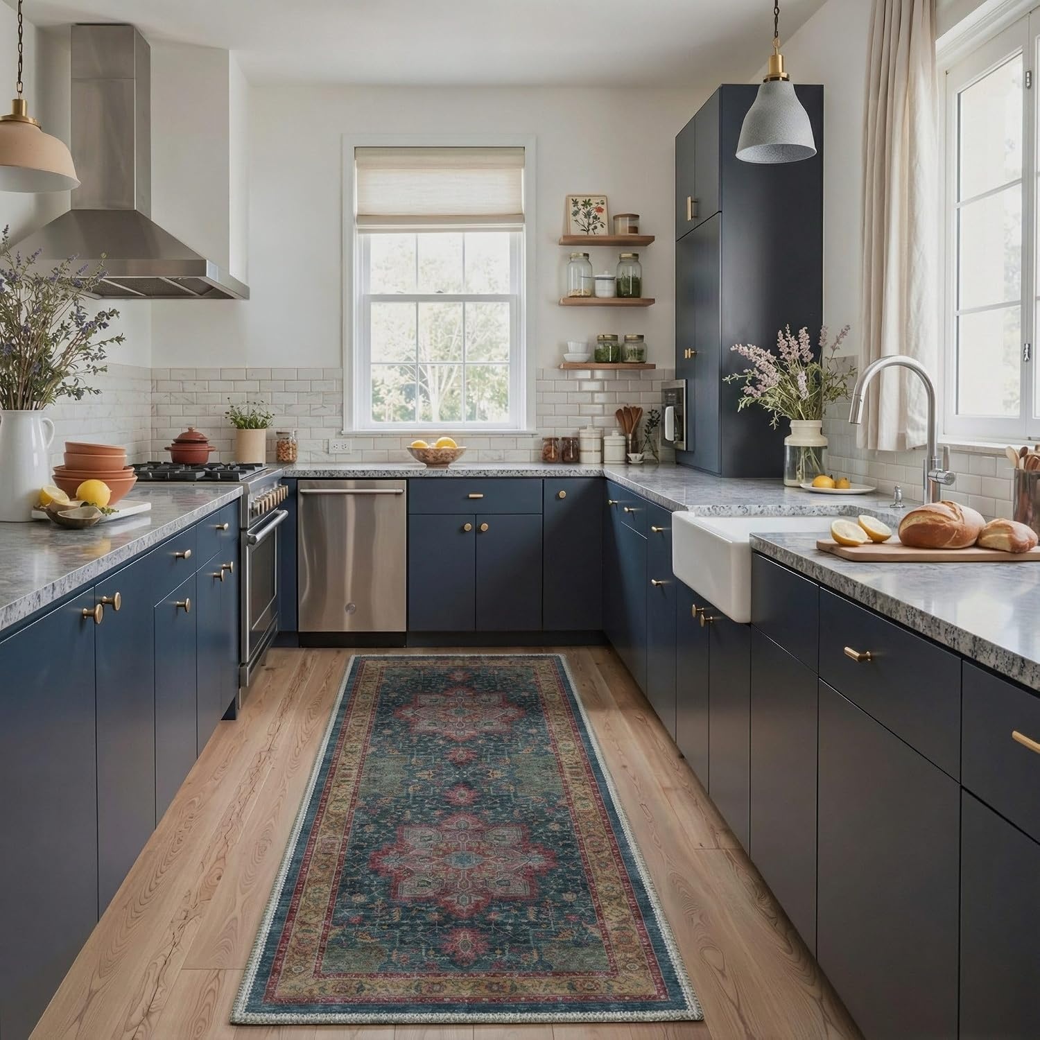 image:imageGENIMO 8x10 Washable Area Rugs for Living Room Non Slip Navy Blue Red Large Vintage Floral Rug Stain Resistant Low Pile and Lightweight for Bedroom Dining Room and Home Office