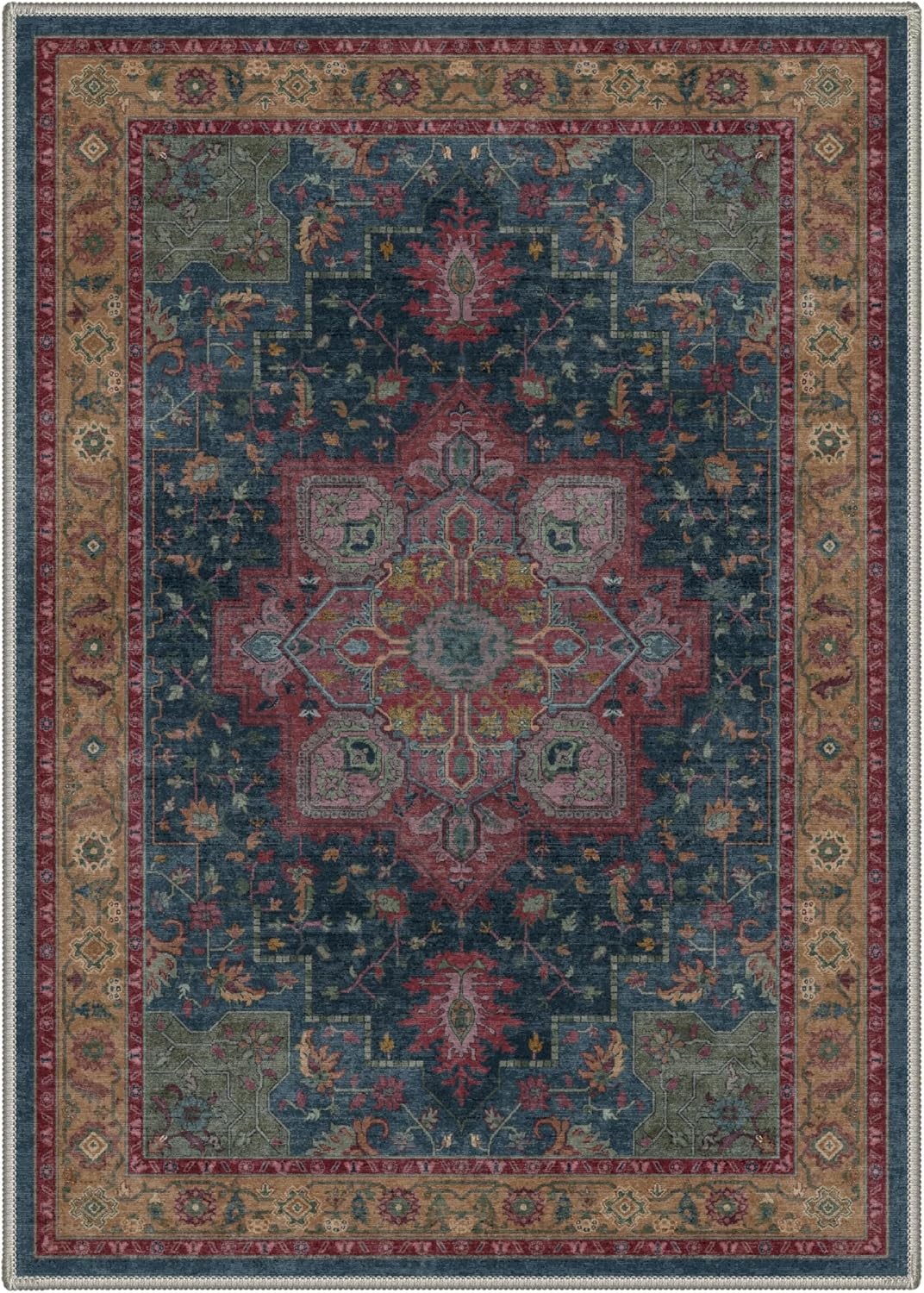 image:imageGENIMO 8x10 Washable Area Rugs for Living Room Non Slip Navy Blue Red Large Vintage Floral Rug Stain Resistant Low Pile and Lightweight for Bedroom Dining Room and Home Office
