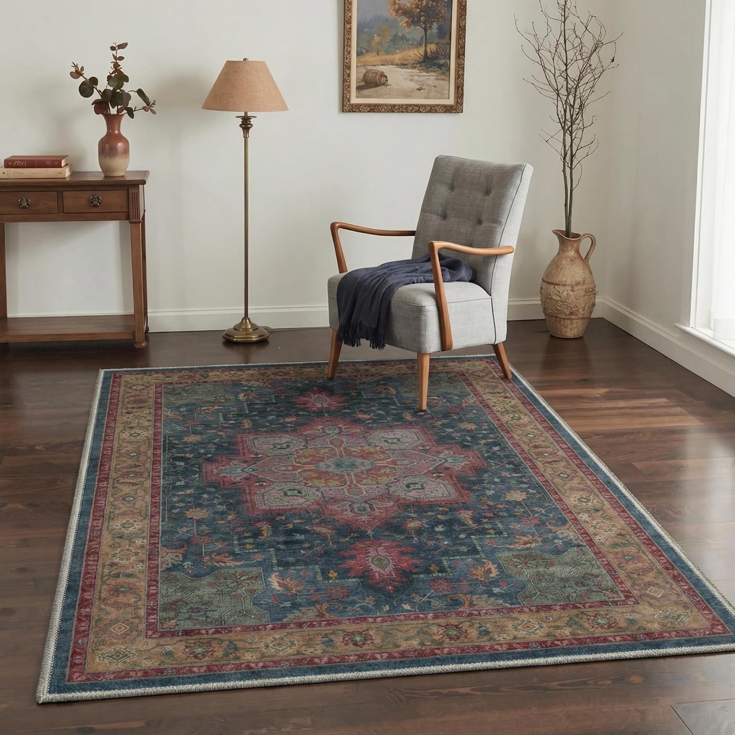 image:imageGENIMO 8x10 Washable Area Rugs for Living Room Non Slip Navy Blue Red Large Vintage Floral Rug Stain Resistant Low Pile and Lightweight for Bedroom Dining Room and Home Office