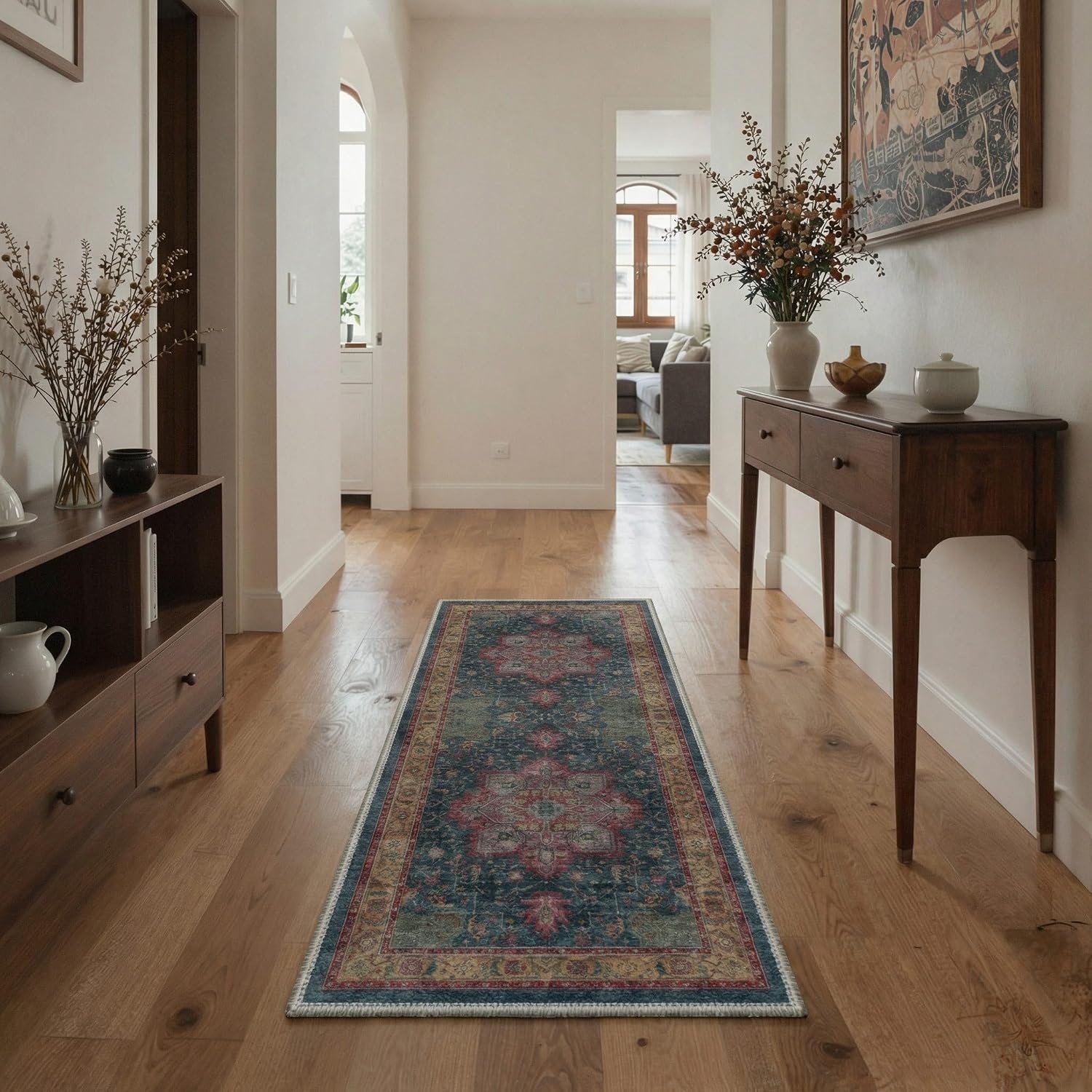 image:imageGENIMO 8x10 Washable Area Rugs for Living Room Non Slip Navy Blue Red Large Vintage Floral Rug Stain Resistant Low Pile and Lightweight for Bedroom Dining Room and Home Office