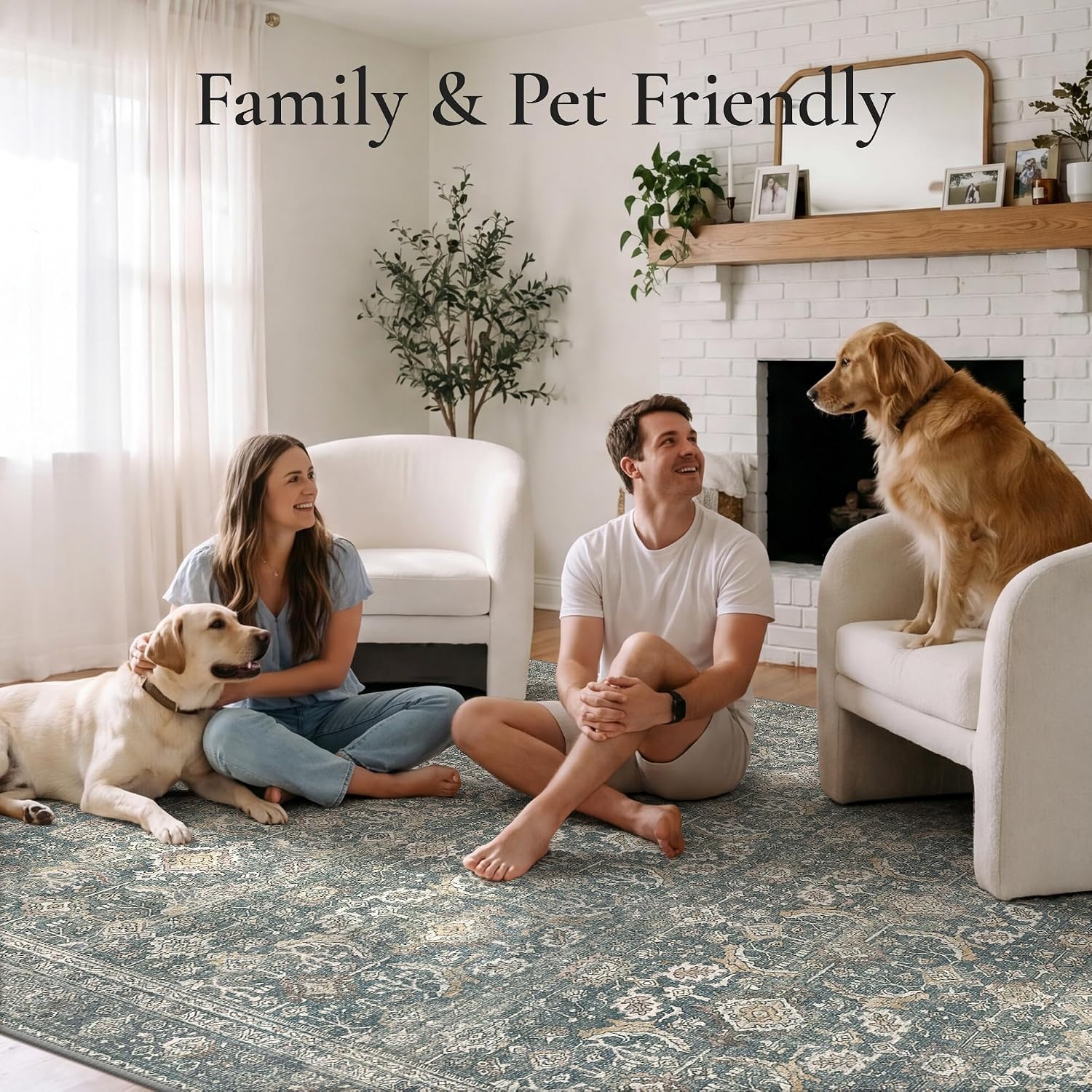 image:imageGENIMO 8x10 Washable Area Rugs for Living Room Non Slip Navy Blue Tan Large Vintage Floral Rug Stain Resistant Low Pile and Lightweight for Bedroom Dining Room and Home Office