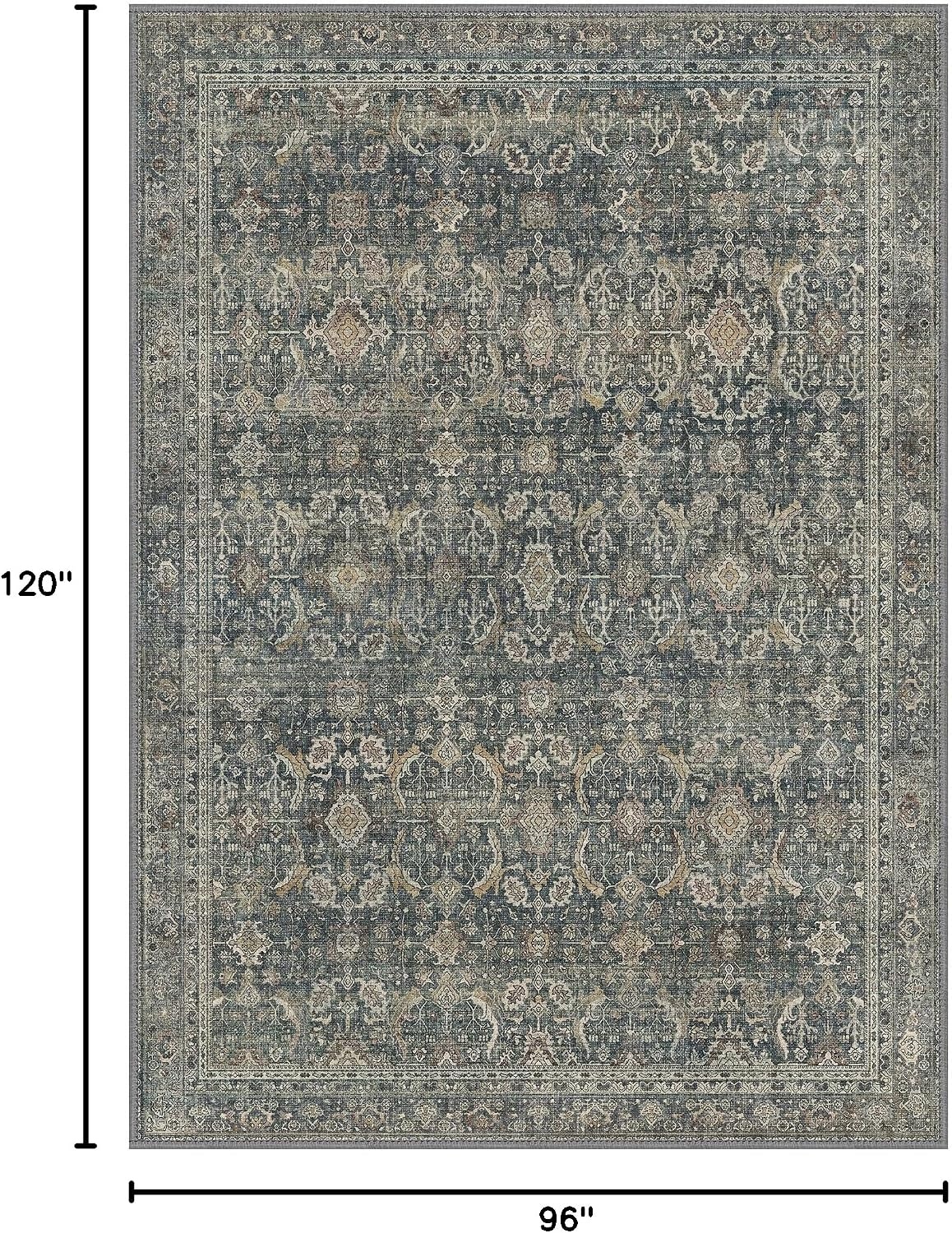 image:imageGENIMO 8x10 Washable Area Rugs for Living Room Non Slip Navy Blue Tan Large Vintage Floral Rug Stain Resistant Low Pile and Lightweight for Bedroom Dining Room and Home Office