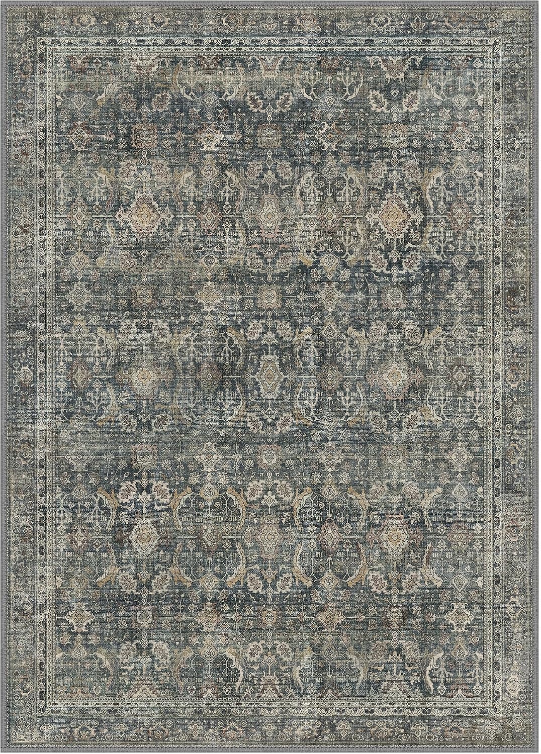 image:imageGENIMO 8x10 Washable Area Rugs for Living Room Non Slip Navy Blue Tan Large Vintage Floral Rug Stain Resistant Low Pile and Lightweight for Bedroom Dining Room and Home Office