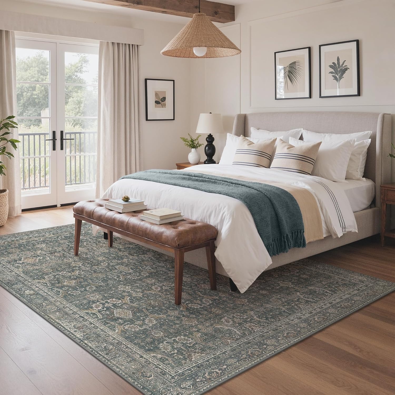 image:imageGENIMO 8x10 Washable Area Rugs for Living Room Non Slip Navy Blue Tan Large Vintage Floral Rug Stain Resistant Low Pile and Lightweight for Bedroom Dining Room and Home Office