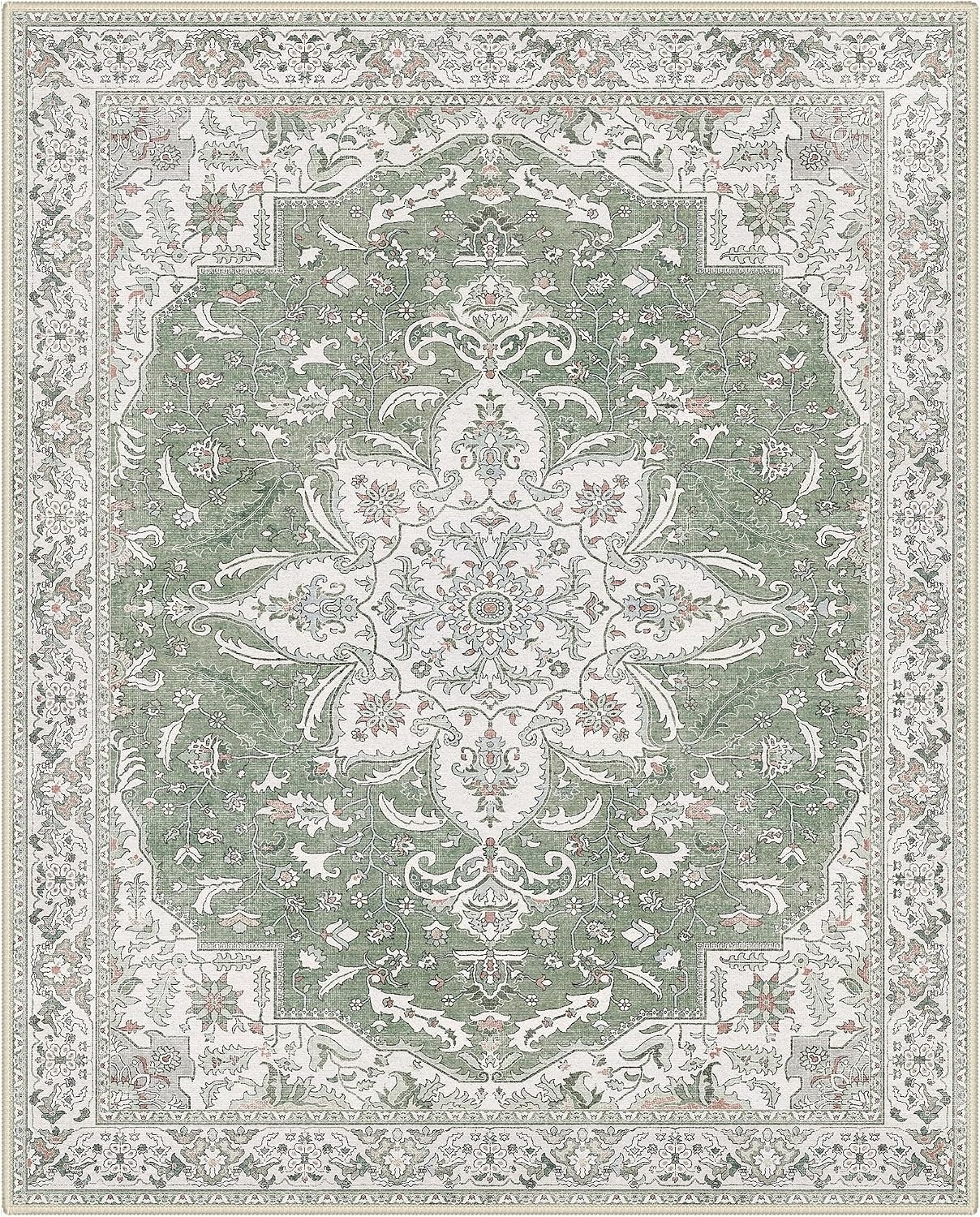 image:imageGENIMO 8x10 Washable Area Rugs for Living Room Non Slip Sage Green Ivory Large Vintage Floral Rug Stain Resistant Low Pile and Lightweight for Bedroom Dining Room and Home Office