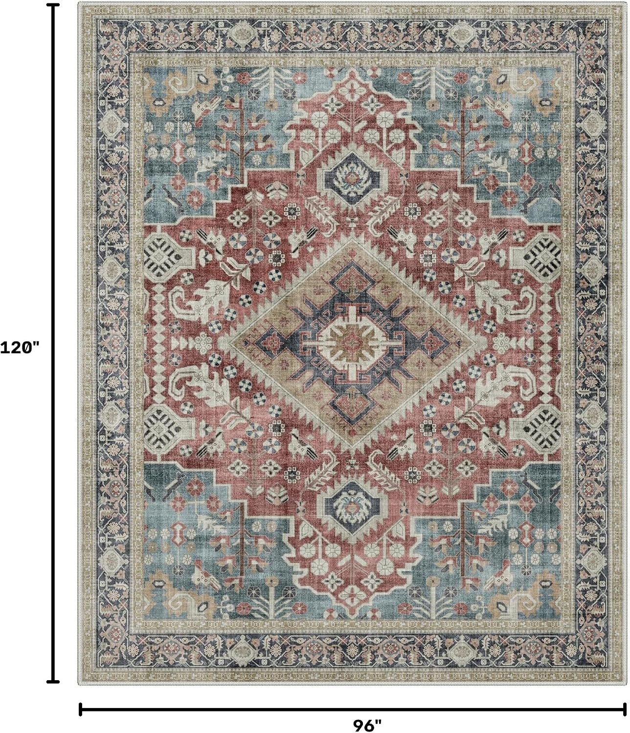 image:imageGENIMO 8x10 Washable Area Rugs for Living Room Non Slip Teal Rust Ivory Large Vintage Floral Rug Stain Resistant Low Pile and Lightweight for Bedroom Dining Room and Home Office