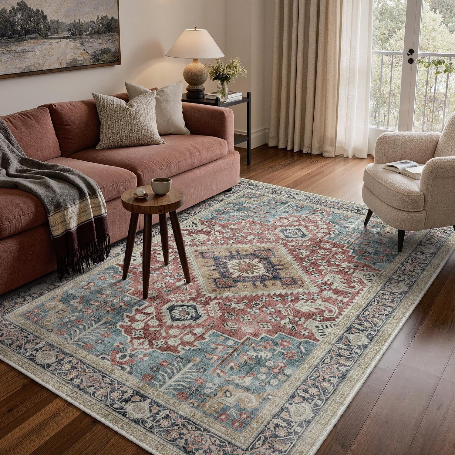 image:imageGENIMO 8x10 Washable Area Rugs for Living Room Non Slip Teal Rust Ivory Large Vintage Floral Rug Stain Resistant Low Pile and Lightweight for Bedroom Dining Room and Home Office