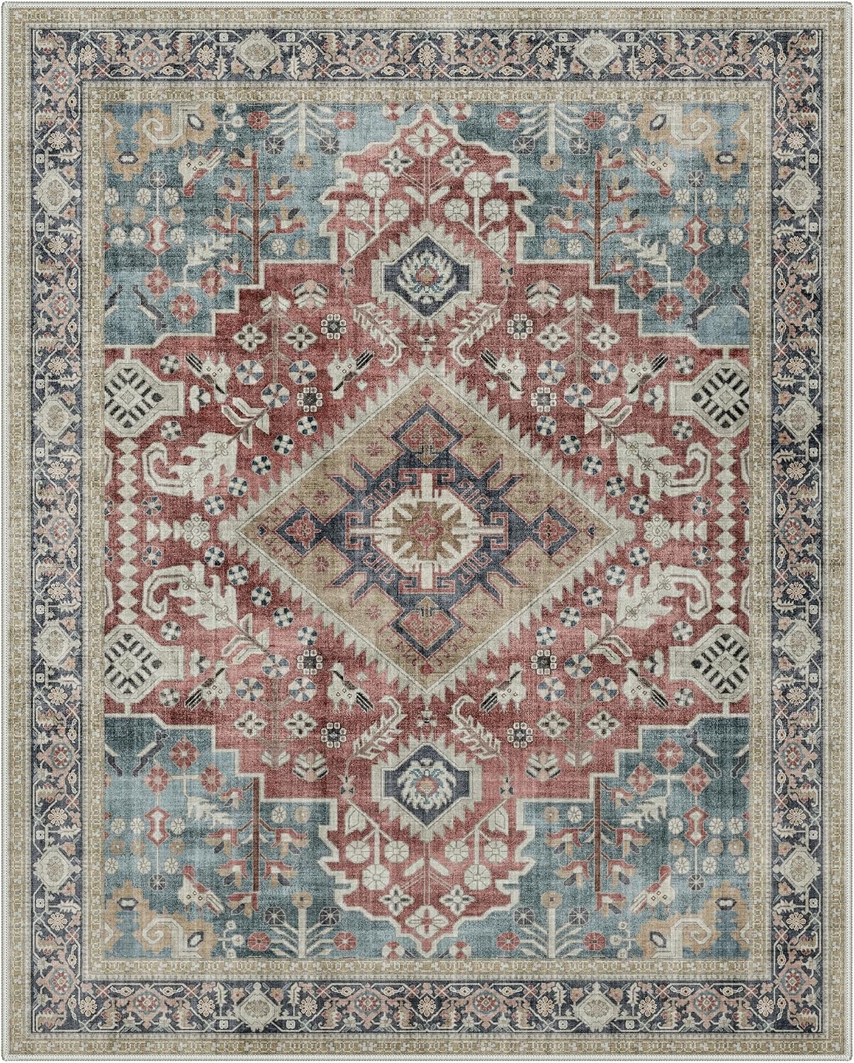 image:imageGENIMO 8x10 Washable Area Rugs for Living Room Non Slip Teal Rust Ivory Large Vintage Floral Rug Stain Resistant Low Pile and Lightweight for Bedroom Dining Room and Home Office