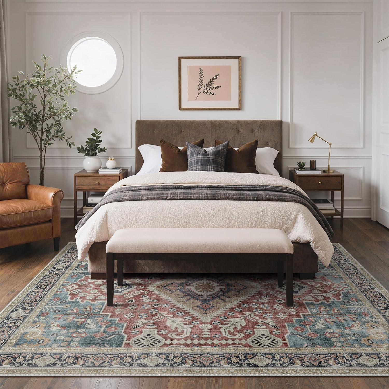 image:imageGENIMO 8x10 Washable Area Rugs for Living Room Non Slip Teal Rust Ivory Large Vintage Floral Rug Stain Resistant Low Pile and Lightweight for Bedroom Dining Room and Home Office