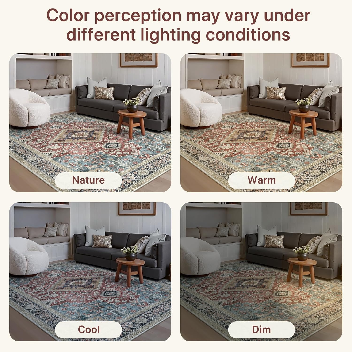 image:imageGENIMO 8x10 Washable Area Rugs for Living Room Non Slip Teal Rust Ivory Large Vintage Floral Rug Stain Resistant Low Pile and Lightweight for Bedroom Dining Room and Home Office