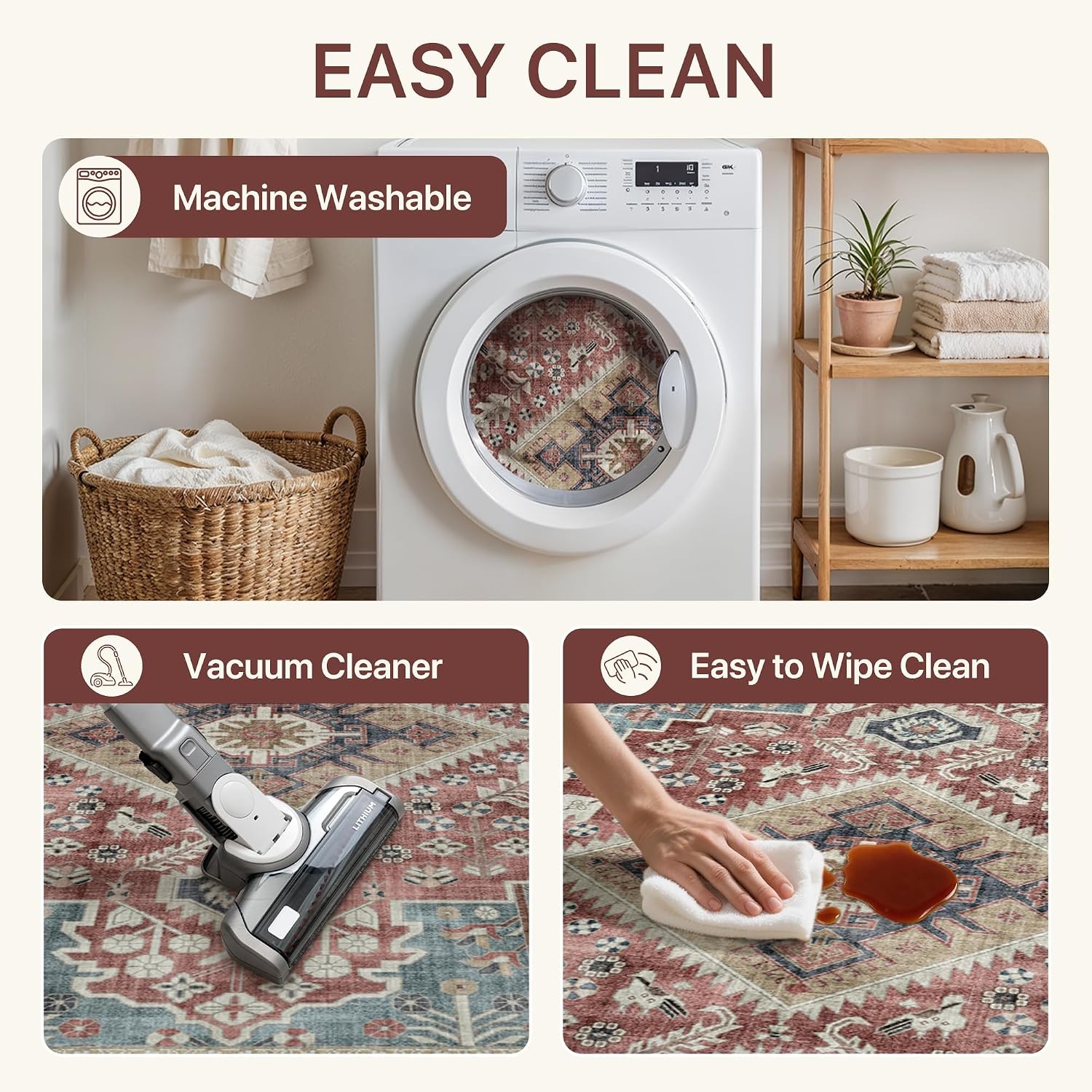 image:imageGENIMO 8x10 Washable Area Rugs for Living Room Non Slip Teal Rust Ivory Large Vintage Floral Rug Stain Resistant Low Pile and Lightweight for Bedroom Dining Room and Home Office