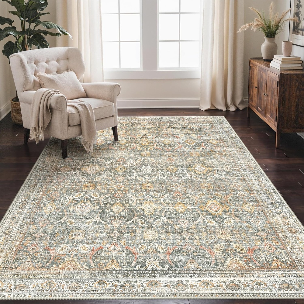 image:imageGENIMO 8x10 Washable Area Rugs for Living Room Non Slip Beige Sage Green Large Vintage Floral Rug Stain Resistant Low Pile and Lightweight for Bedroom Dining Room and Home Office