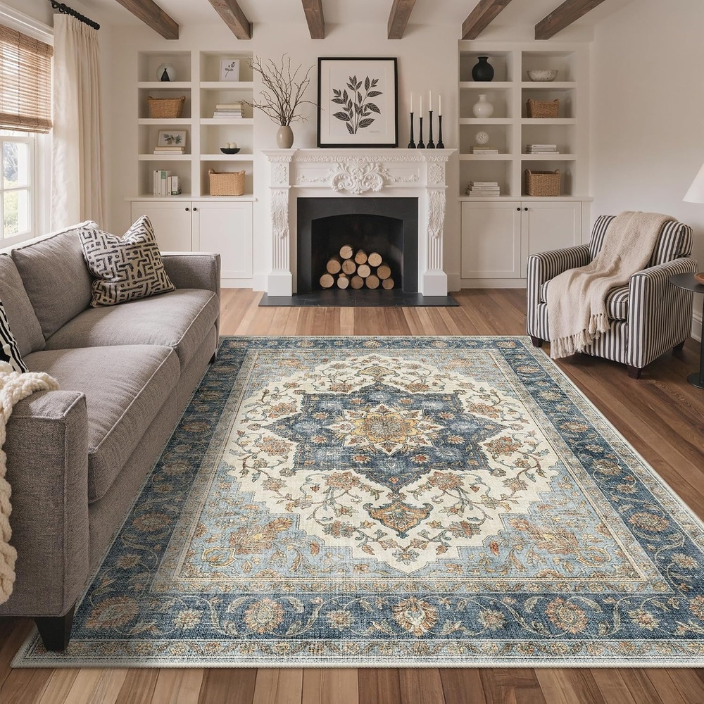 image:imageGENIMO 8x10 Washable Area Rugs for Living Room Non Slip Blue Ivory Brown  Large Vintage Floral Rug Stain Resistant Low Pile and Lightweight for Bedroom Dining Room and Home Office