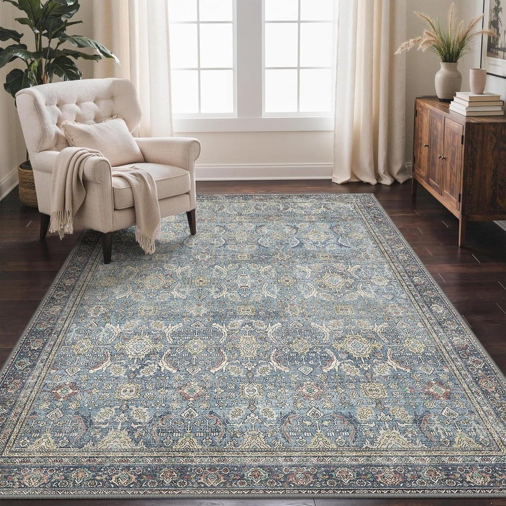 image:imageGENIMO 8x10 Washable Area Rugs for Living Room Non Slip Blue Tan  Large Vintage Floral Rug Stain Resistant Low Pile and Lightweight for Bedroom Dining Room and Home Office