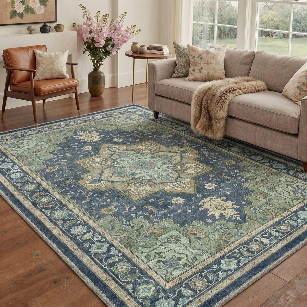 image:imageGENIMO 8x10 Washable Area Rugs for Living Room Non Slip Navy Blue Green  Large Vintage Floral Rug Stain Resistant Low Pile and Lightweight for Bedroom Dining Room and Home Office
