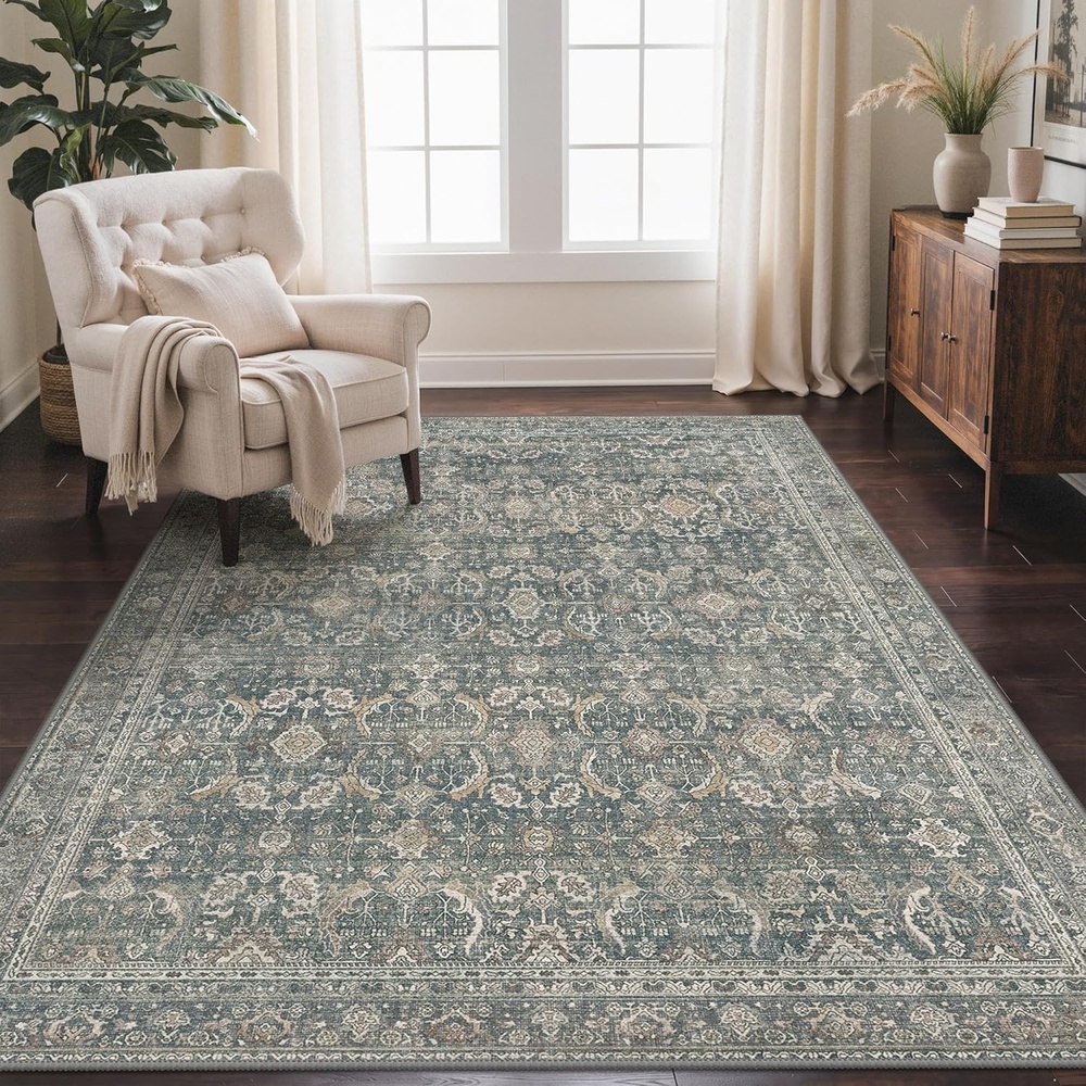 image:imageGENIMO 8x10 Washable Area Rugs for Living Room Non Slip Navy Blue Tan Large Vintage Floral Rug Stain Resistant Low Pile and Lightweight for Bedroom Dining Room and Home Office