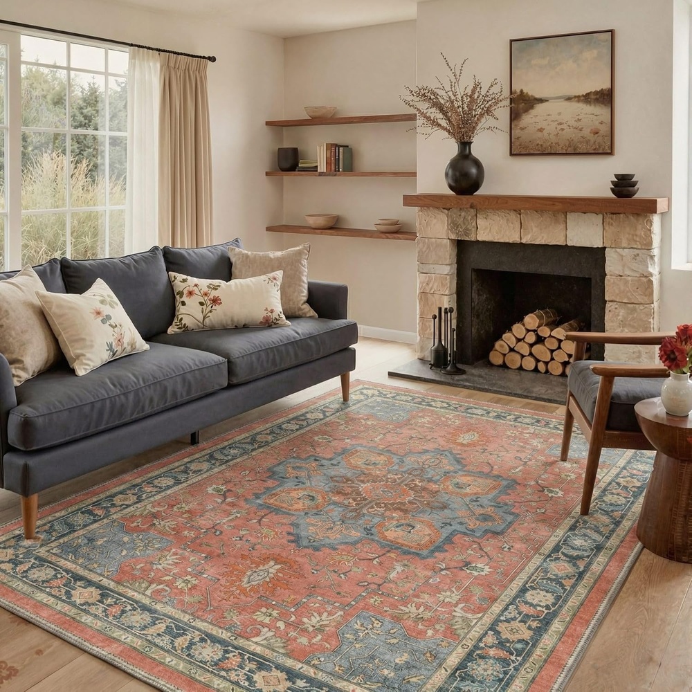 image:imageGENIMO 8x10 Washable Area Rugs for Living Room Non Slip Terracotta Teal  Large Vintage Floral Rug Stain Resistant Low Pile and Lightweight for Bedroom Dining Room and Home Office