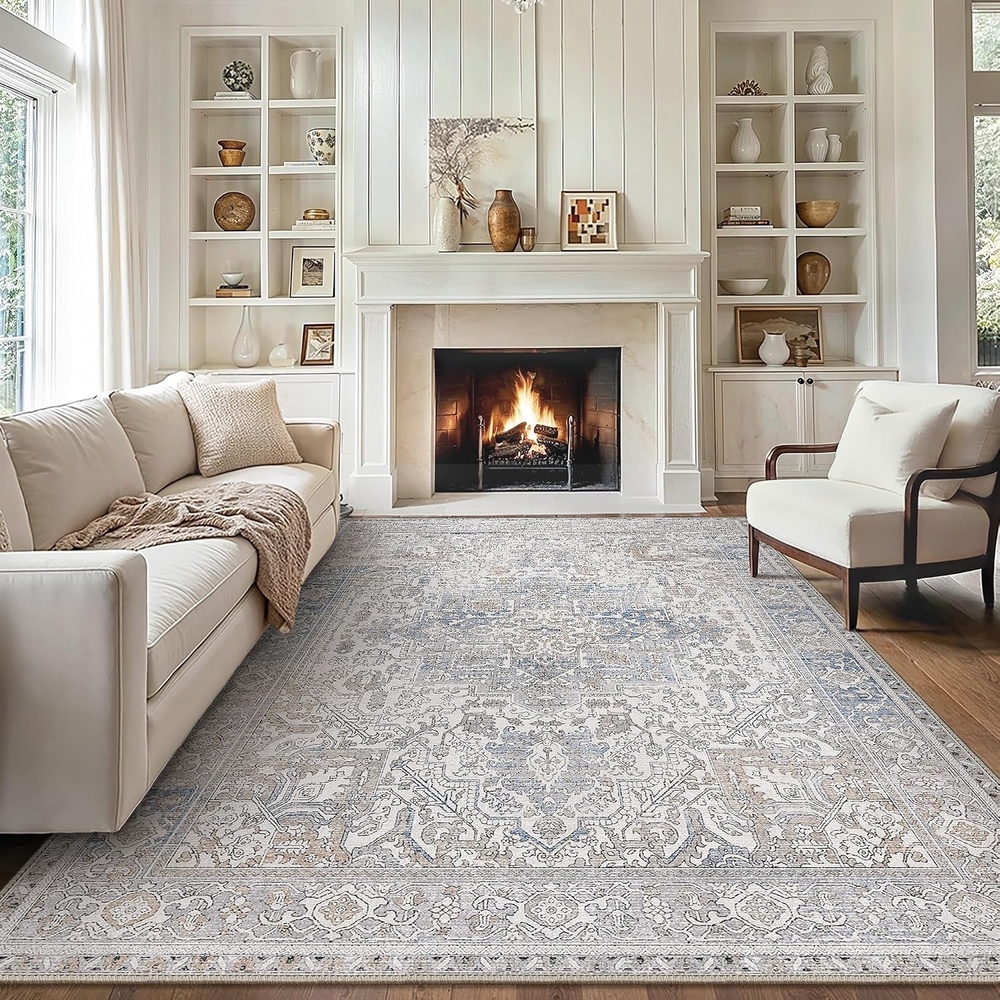 image:imageGENIMO 9x12 Area Rugs for Living Room Machine Washable Non Slip Vintage Rugs Low Pile Lightweight Chenille Print Rug for Bedroom Dining Room Home Office Rustic Brown Large Vintage Floral Rug Stain Resistant Low Pile and Lightweight for Bedroom Dining Room and Home Office