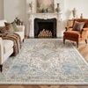 GENIMO 8×10 Washable Area Rugs for Living Room, Non Slip, Light Blue Ivory | Large Vintage Floral Rug, Stain Resistant, Low Pile and Lightweight for Bedroom, Dining Room and Home Office