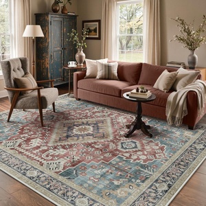 GENIMO 8×10 Washable Area Rugs for Living Room, Non Slip, Teal Rust Ivory | Large Vintage Floral Rug, Stain Resistant, Low Pile and Lightweight for Bedroom, Dining Room and Home Office