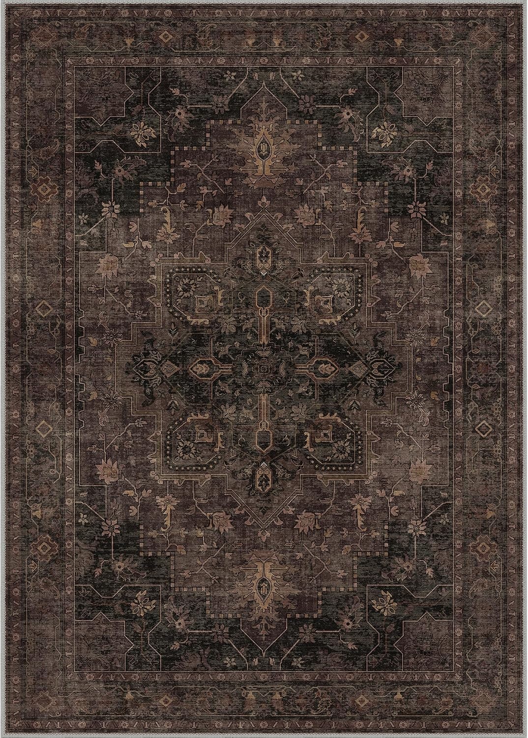 image:imageGENIMO 3x5 Washable Small Area Rug for Bedroom Non Slip Dark Brown Vintage Floral Rug Stain Resistant Low Pile and Lightweight for Entryway Kitchen Bathroom and Office Chair Area