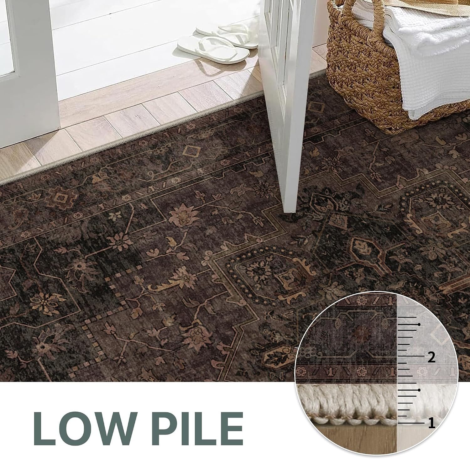 image:imageGENIMO 3x5 Washable Small Area Rug for Bedroom Non Slip Dark Brown Vintage Floral Rug Stain Resistant Low Pile and Lightweight for Entryway Kitchen Bathroom and Office Chair Area